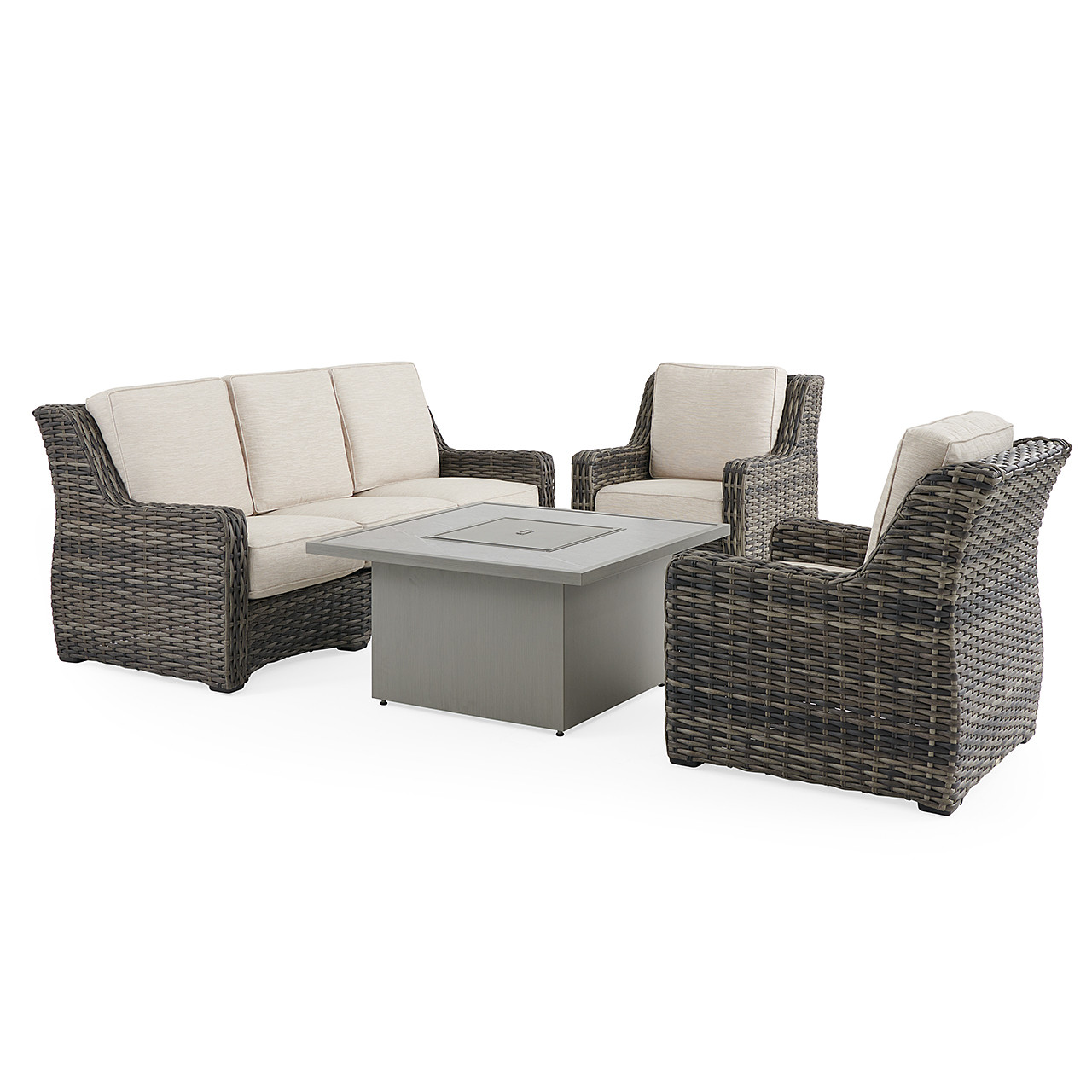 Tangiers Canola Seed Outdoor Wicker and Charmer Limestone Cushions 4 Piece Sofa Group + 42 in. Sq. Fire Pit Table