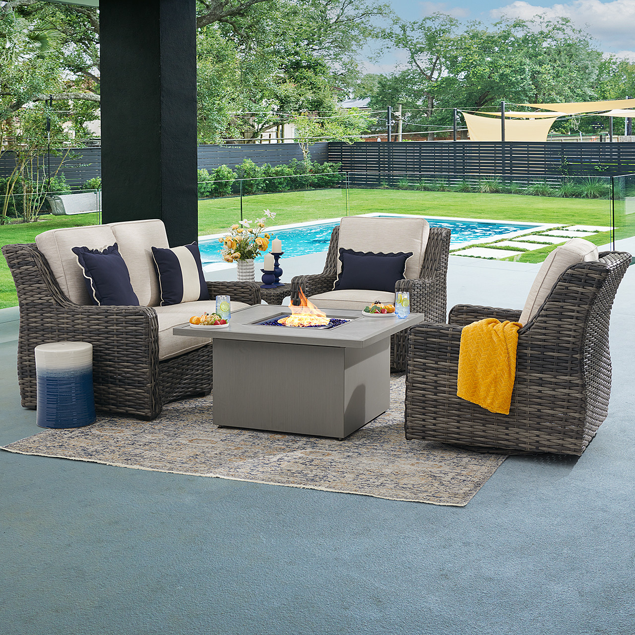 Tangiers Canola Seed Outdoor Wicker and Charmer Limestone Cushions 4 Piece Swivel Loveseat Group + 42 in. Sq. Fire Pit Table