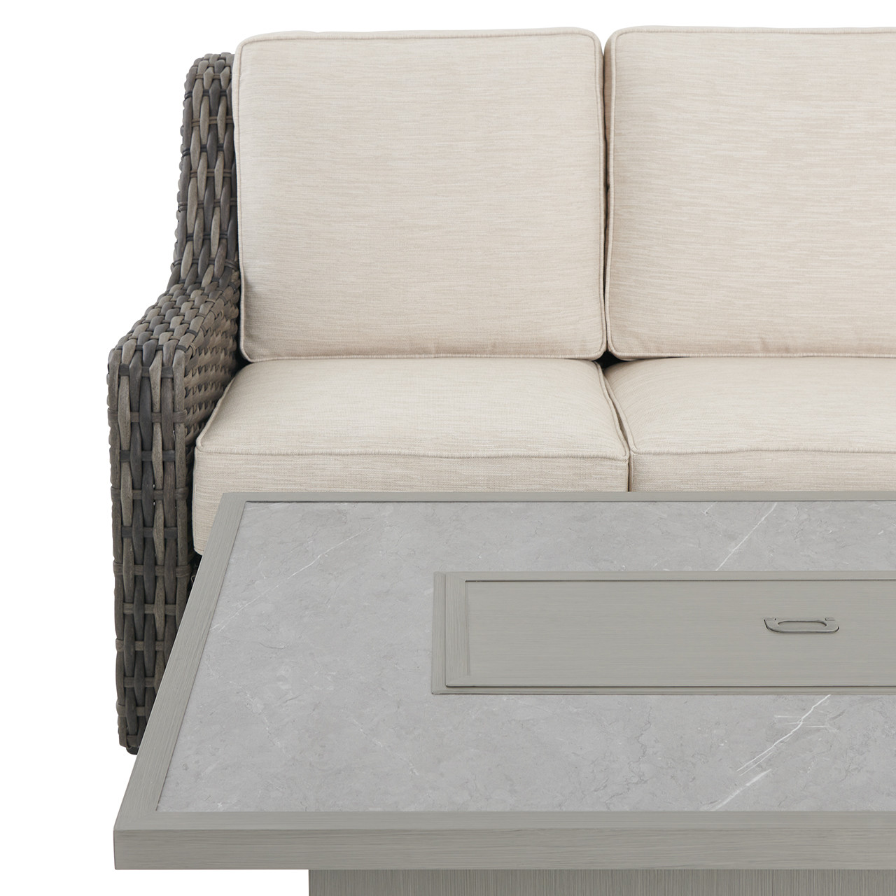 Tangiers Canola Seed Outdoor Wicker and Charmer Limestone Cushions 4 Piece Swivel Loveseat Group + 52 x 32 in. Fire Pit Table