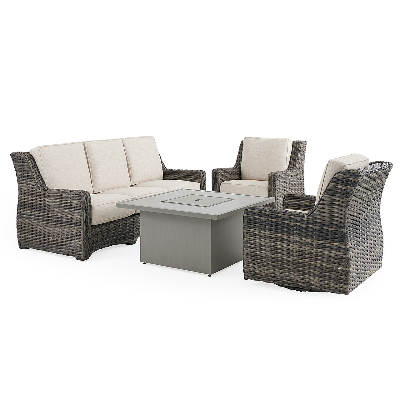 Tangiers Canola Seed Outdoor Wicker and Charmer Limestone Cushions 4 Piece Swivel Sofa Group + 42 in. Sq. Fire Pit Table