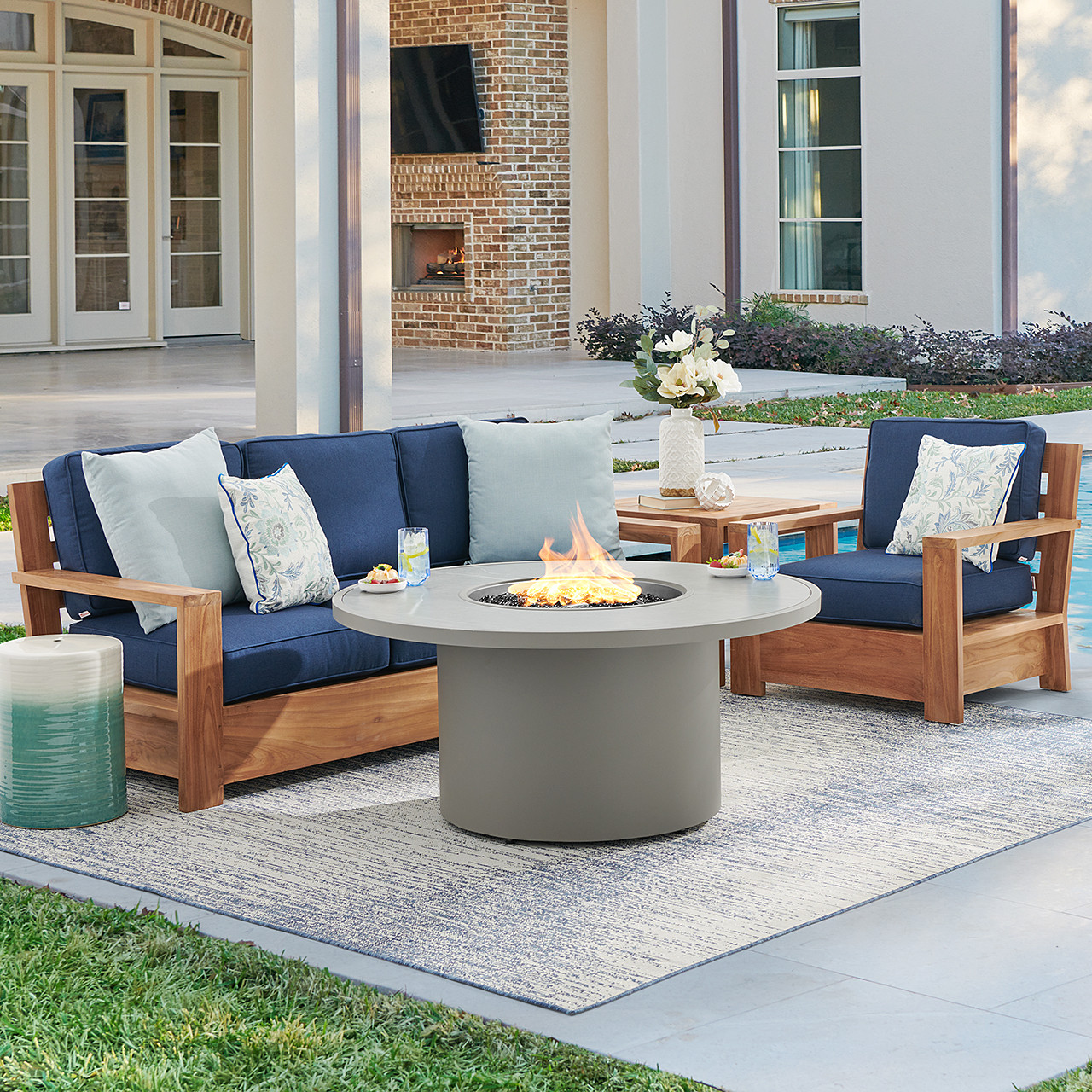 Castello Teak with Cushions 3 Piece Sofa Group + 48 in. D Sintered Fire Pit