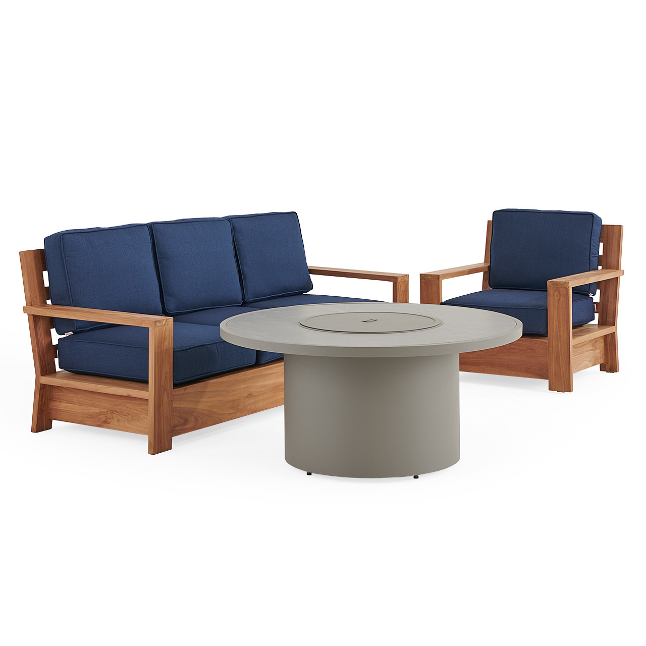 Castello Teak with Cushions 3 Piece Sofa Group + 48 in. D Sintered Fire Pit