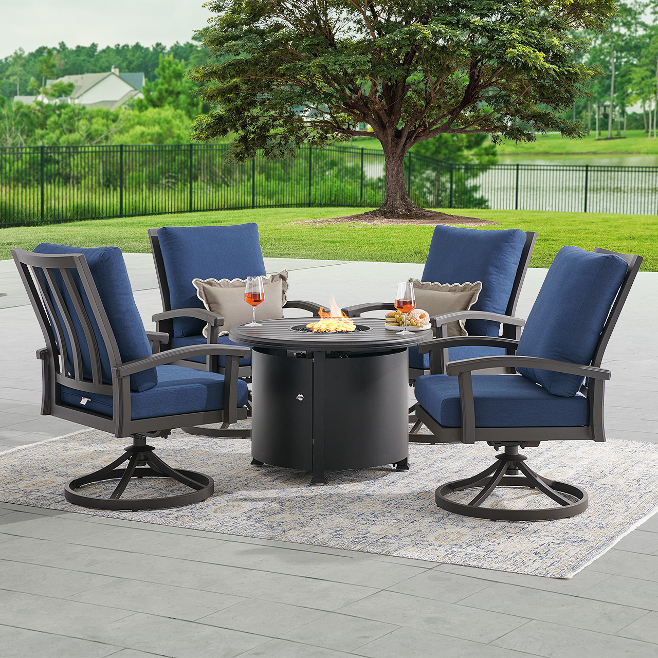 Fairmont Aged Bronze Aluminum with Cushions 5 Piece Swivel Chat Set + 36 in. D Carlisle Fire Pit -