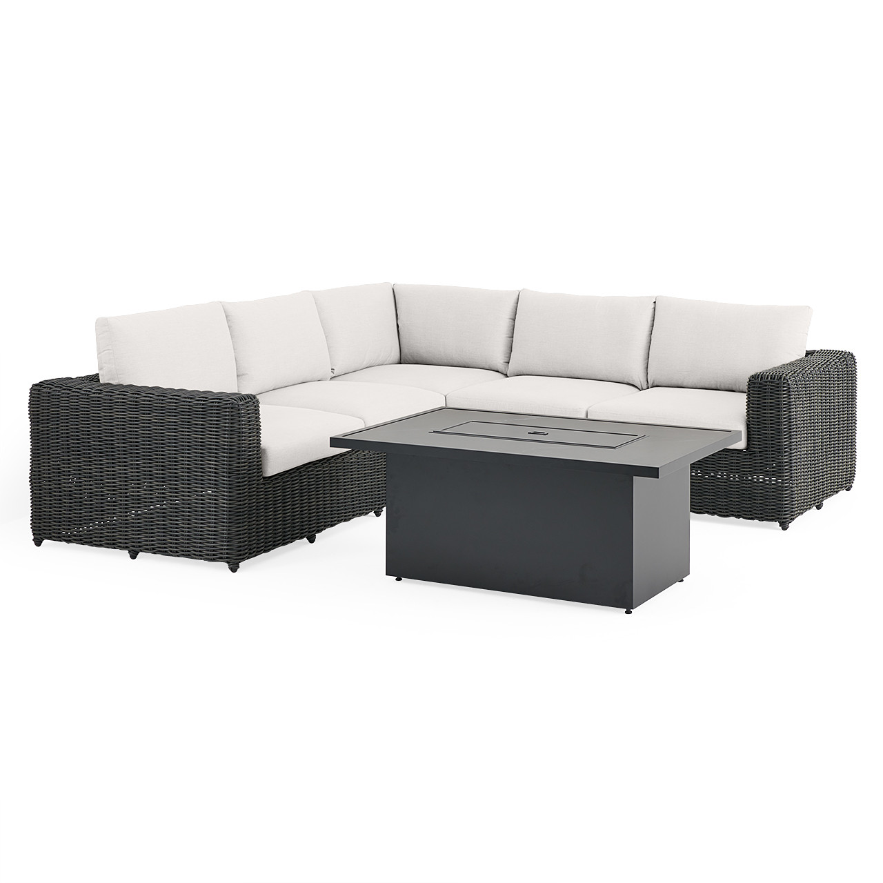 Laguna Smoke Outdoor Wicker with Cast Pumice Cushions 4 Piece Sectional + 52 x 32 in. D Fire Pit Table