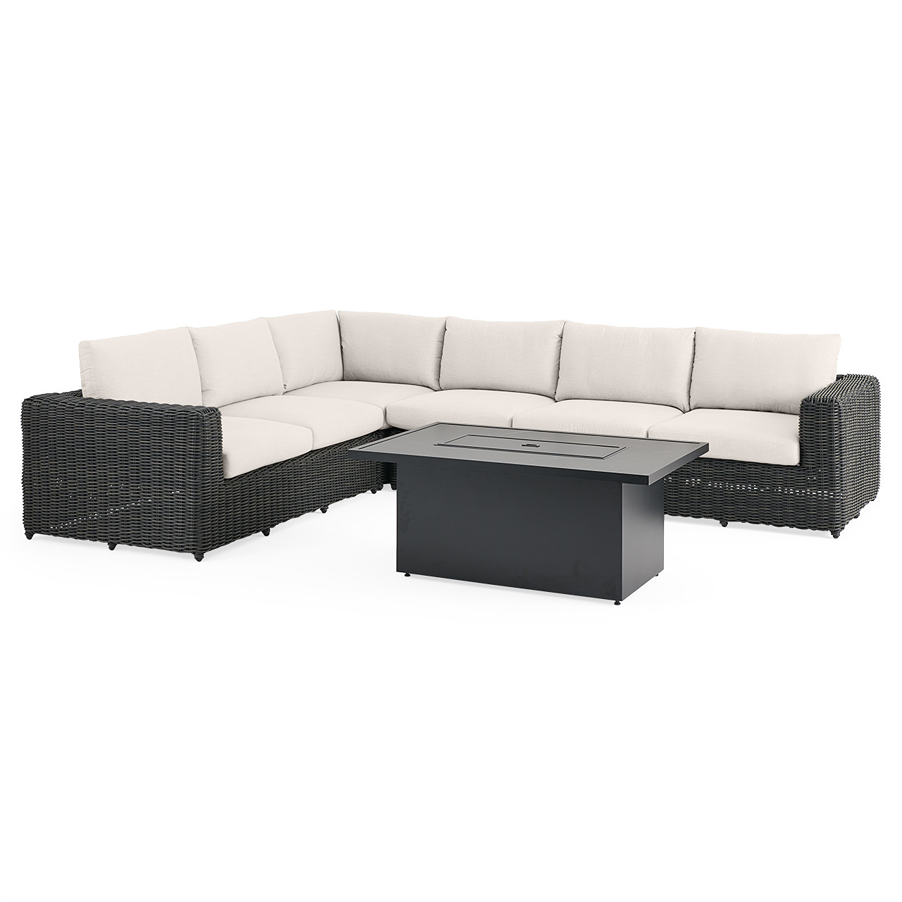 Laguna Smoke Outdoor Wicker with Cast Pumice Cushions 5 Piece Sectional + 52 x 32 in. D Fire Pit Table Laguna Smoke Outdoor Wicker with Cast Pumice Cushions 5 Piece Sectional + 52 x 32 in. D Fire Pit Table