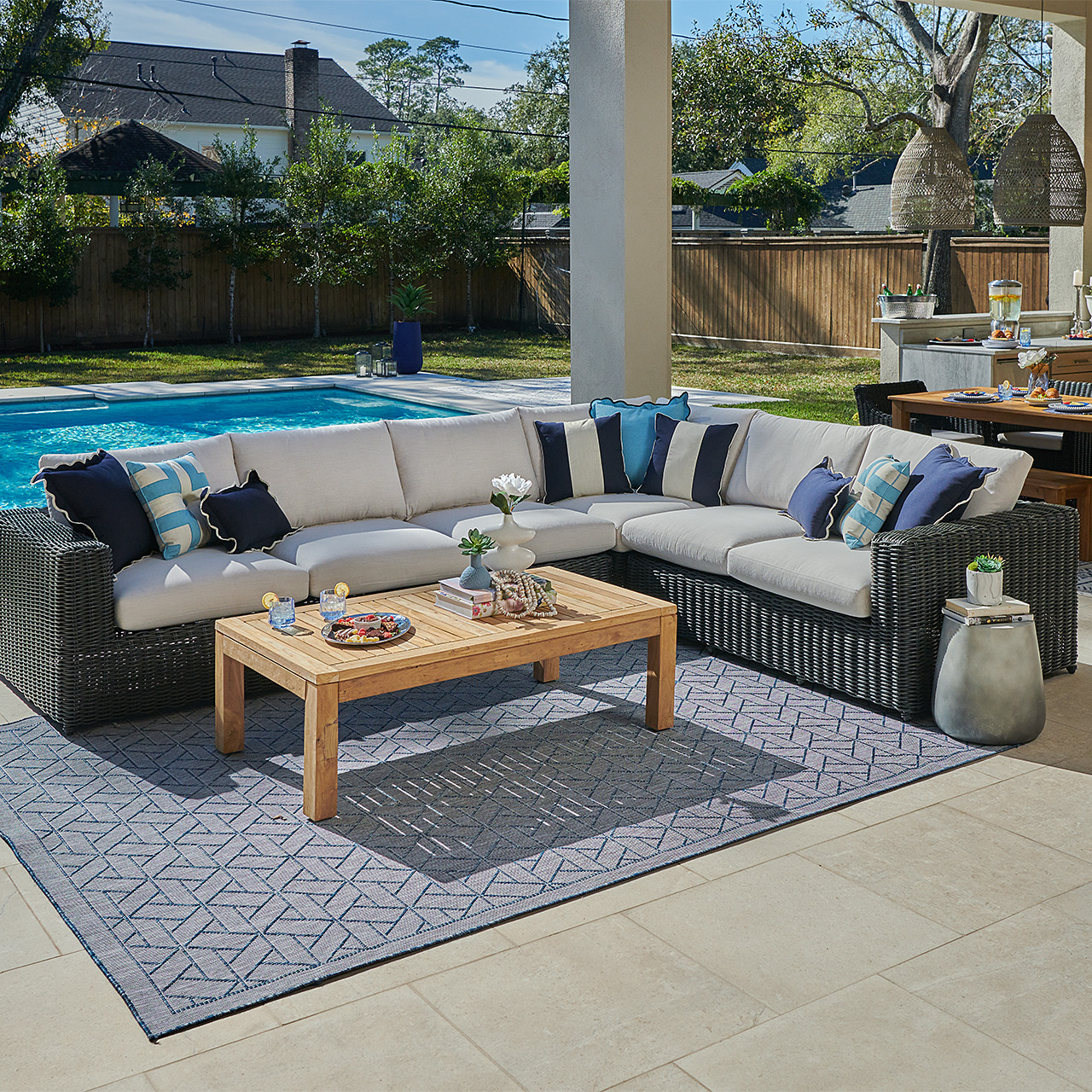 Laguna Smoke Outdoor Wicker and Solid Teak with Cast Pumice Cushions 5 Piece Sectional + 55 X 31 in. Coffee Table