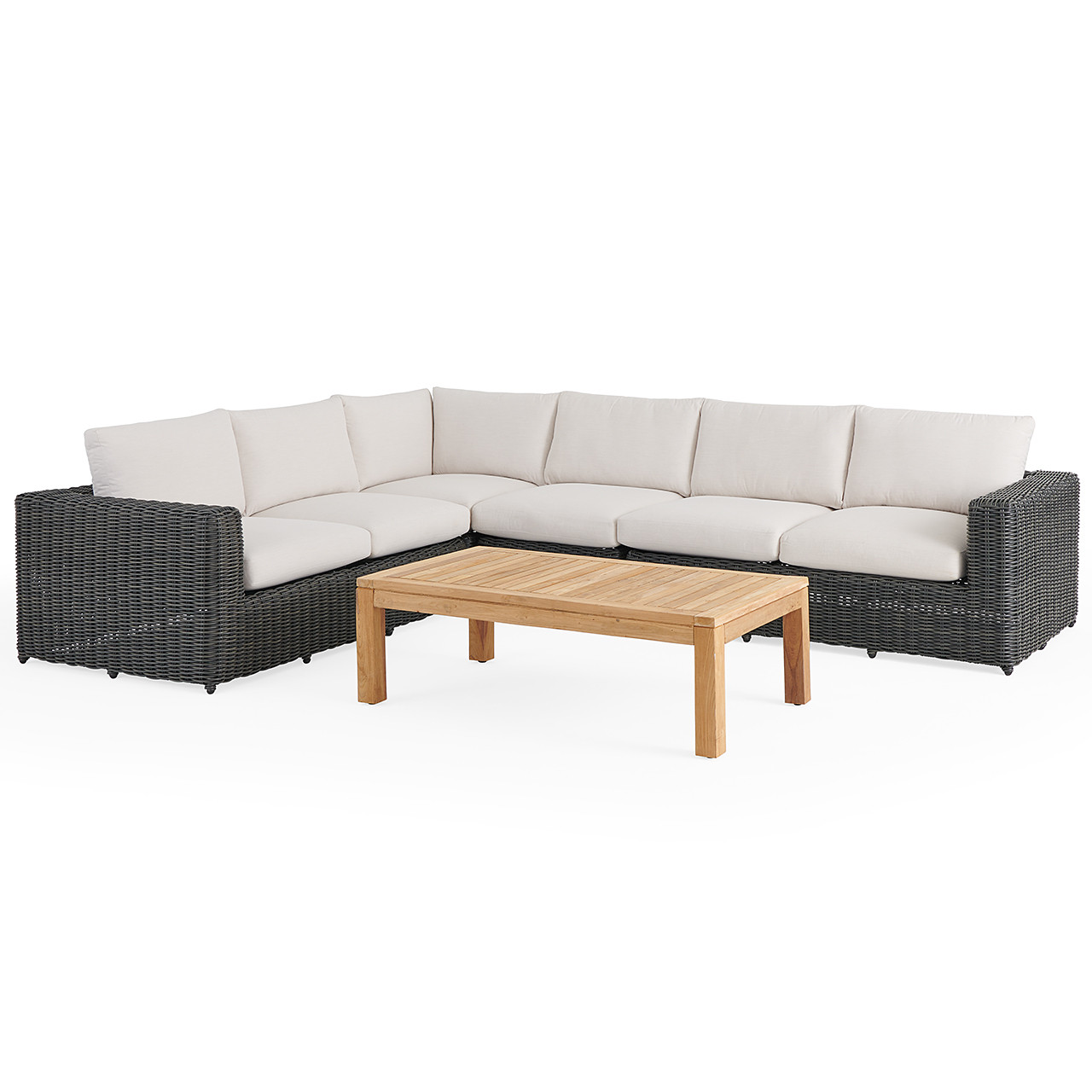 Laguna Smoke Outdoor Wicker and Solid Teak with Cast Pumice Cushions 5 Piece Sectional + 55 X 31 in. Coffee Table