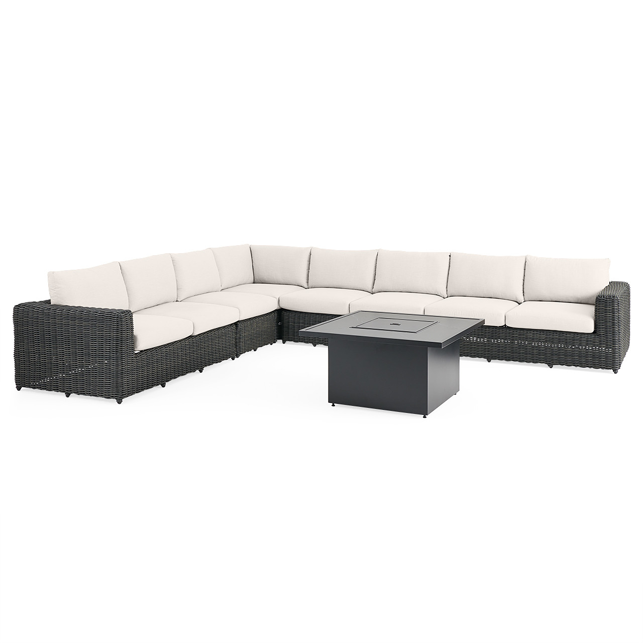 Laguna Smoke Outdoor Wicker with Cast Pumice Cushions 7 Piece Sectional + 42 in. Sq. Fire Pit Table