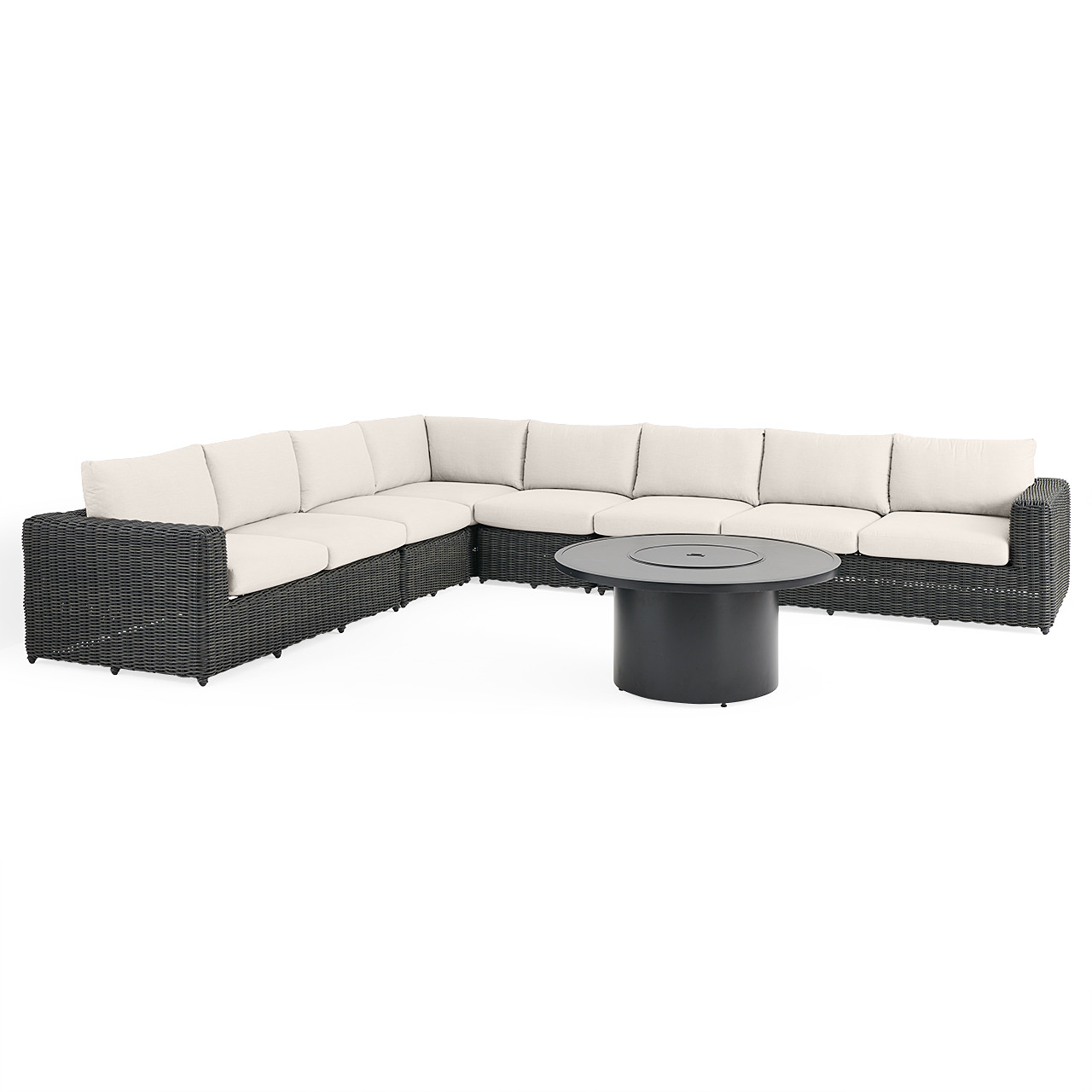 Laguna Smoke Outdoor Wicker with Cast Pumice Cushions 7 Piece Sectional + 48 in. D Fire Pit Table