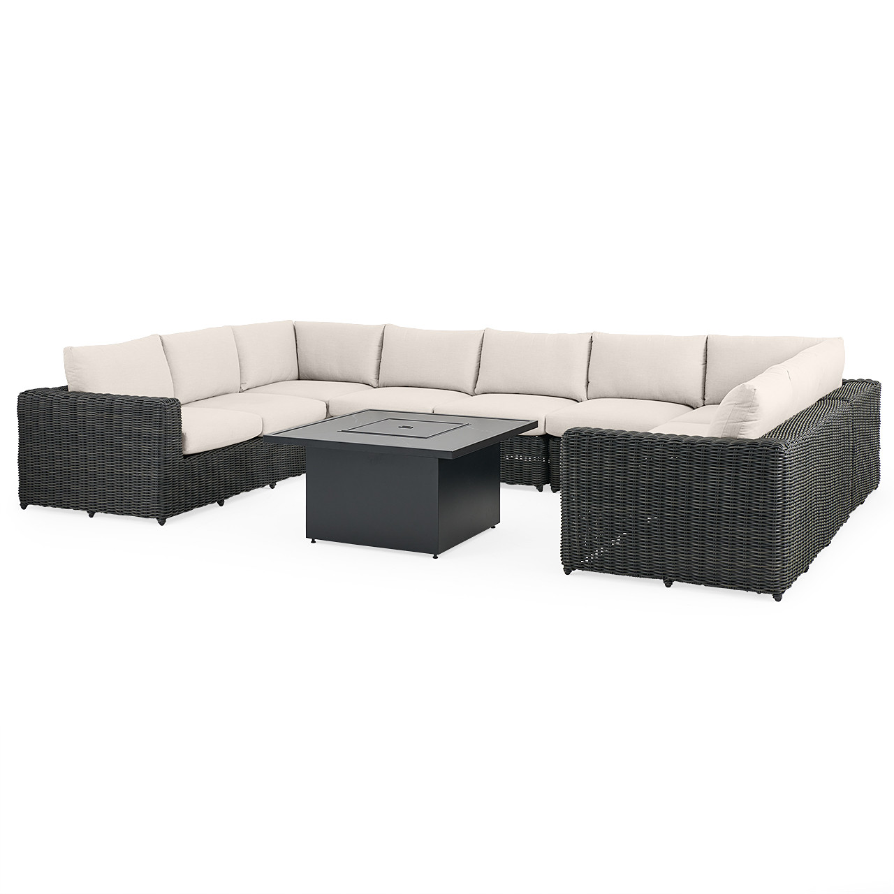 Laguna Smoke Outdoor Wicker with Cast Pumice Cushions 8 Piece Sectional + 42 in. Sq. Fire Pit Table