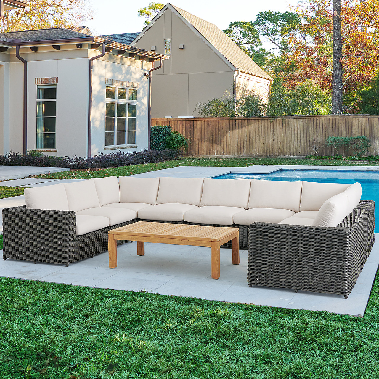 Laguna Smoke Outdoor Wicker and Solid Teak with Cast Pumice Cushions 8 Piece Sectional + 55 X 31 in. Coffee Table