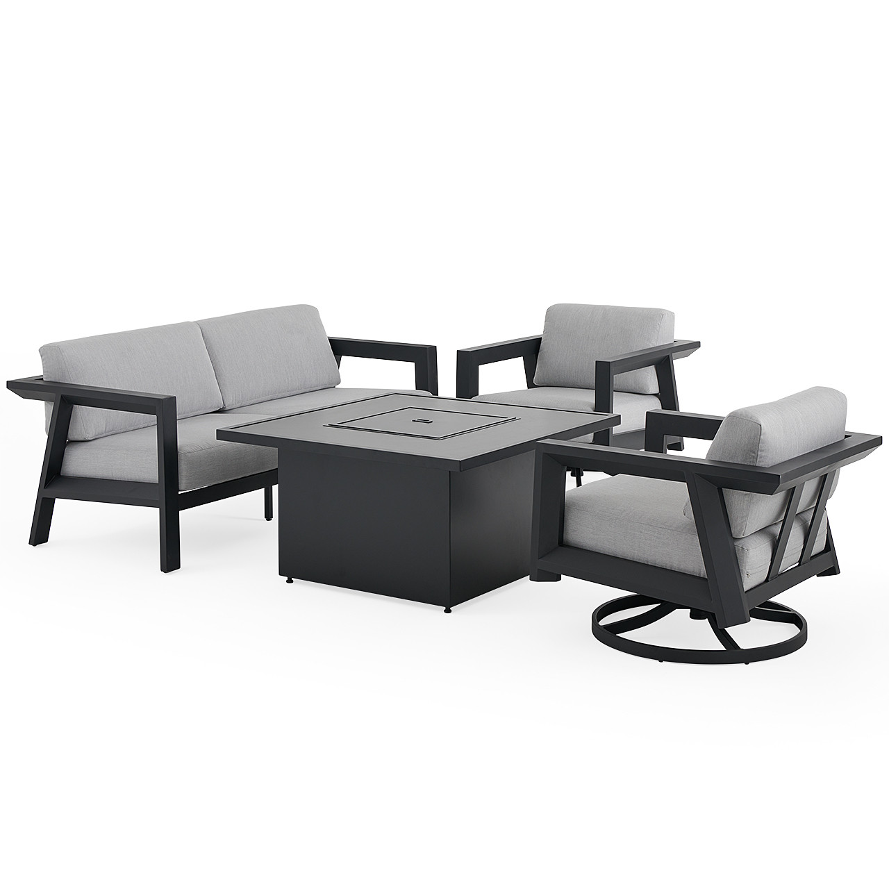 St. Lucia Midnight Aluminum with Canvas Granite Cushions 4 Piece Swivel Sofa Group + 42 in. Sq. Fire Pit Table