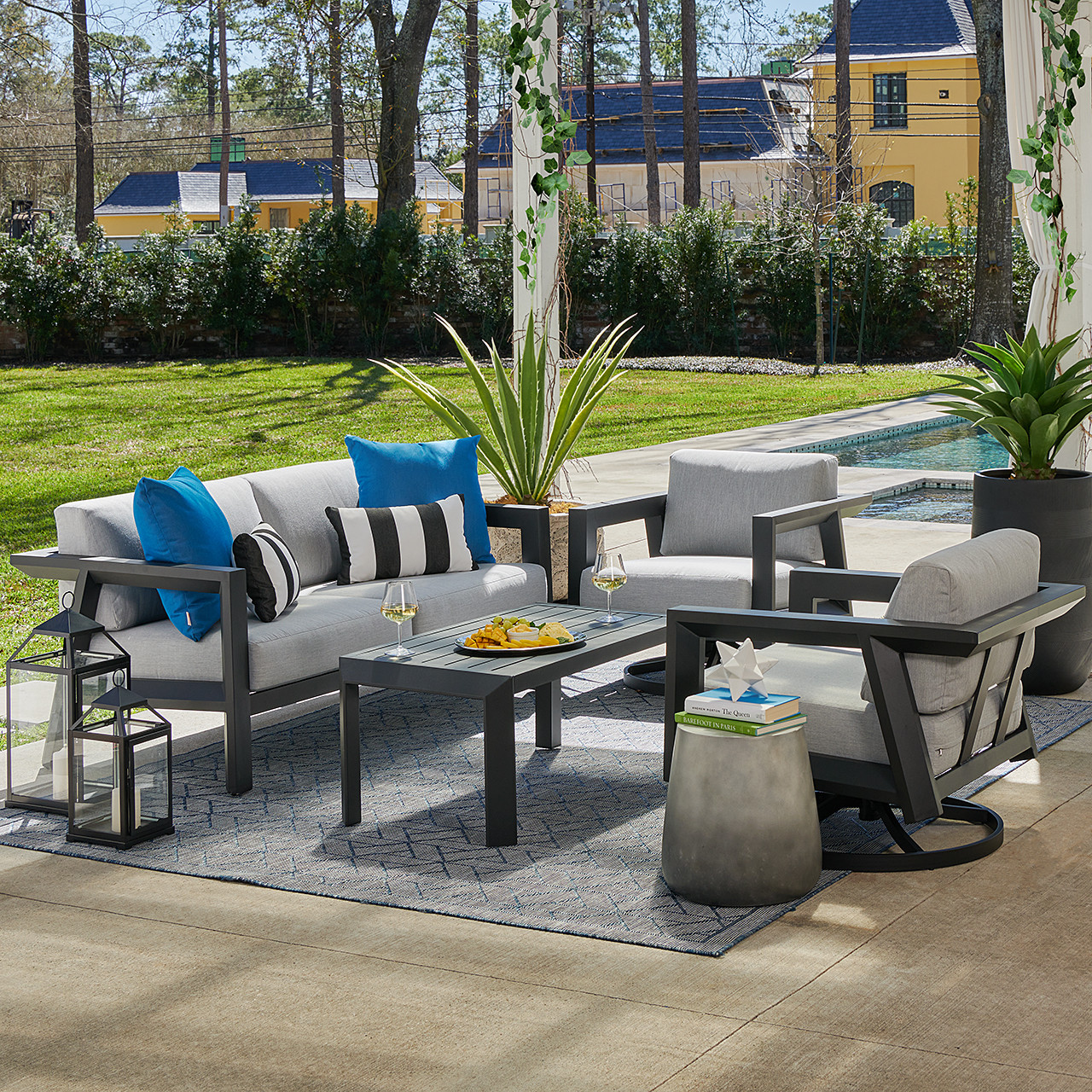 St. Lucia Midnight Aluminum with Canvas Granite Cushions 4 Piece Swivel Sofa Group + 43 x 22 in. Coffee Table