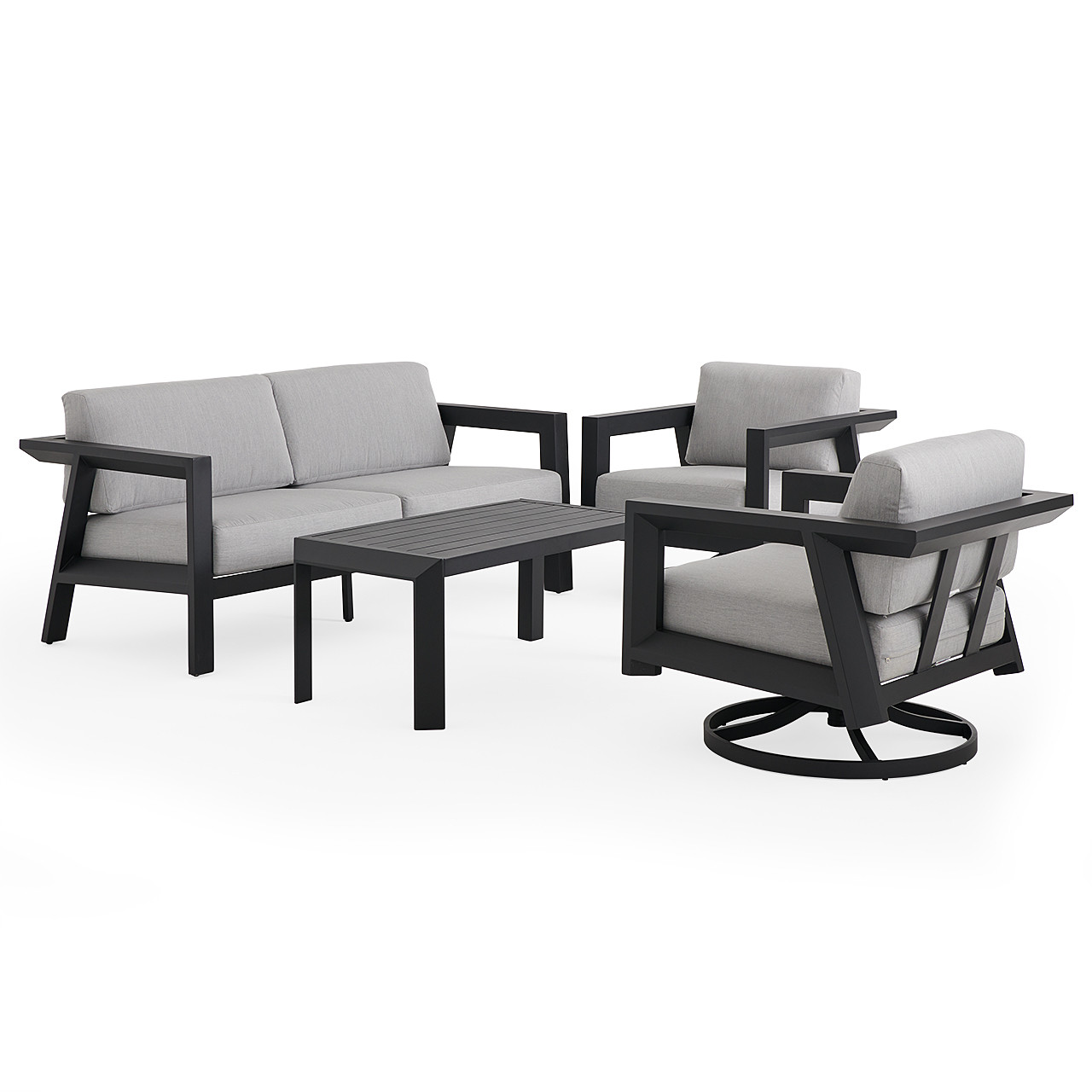 St. Lucia Midnight Aluminum with Canvas Granite Cushions 4 Piece Swivel Sofa Group + 43 x 22 in. Coffee Table