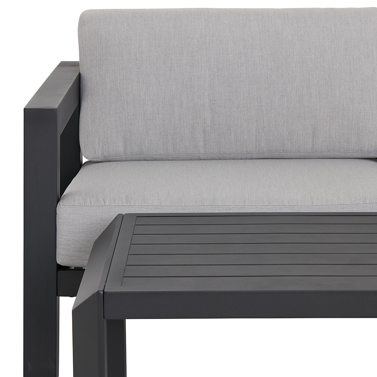 St. Lucia Midnight Aluminum with Canvas Granite Cushions 4 Piece Swivel Sofa Group + 43 x 22 in. Coffee Table
