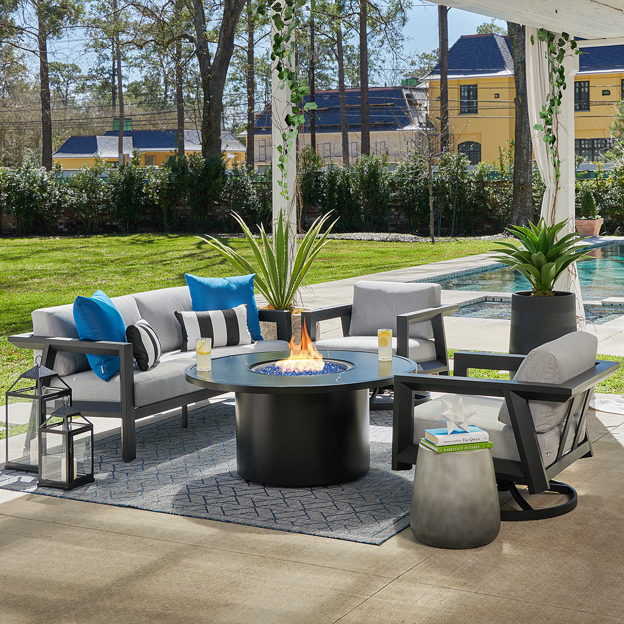 St. Lucia Midnight Aluminum with Canvas Granite Cushions 4 Piece Swivel Sofa Group + 48 in. D Fire Pit Table