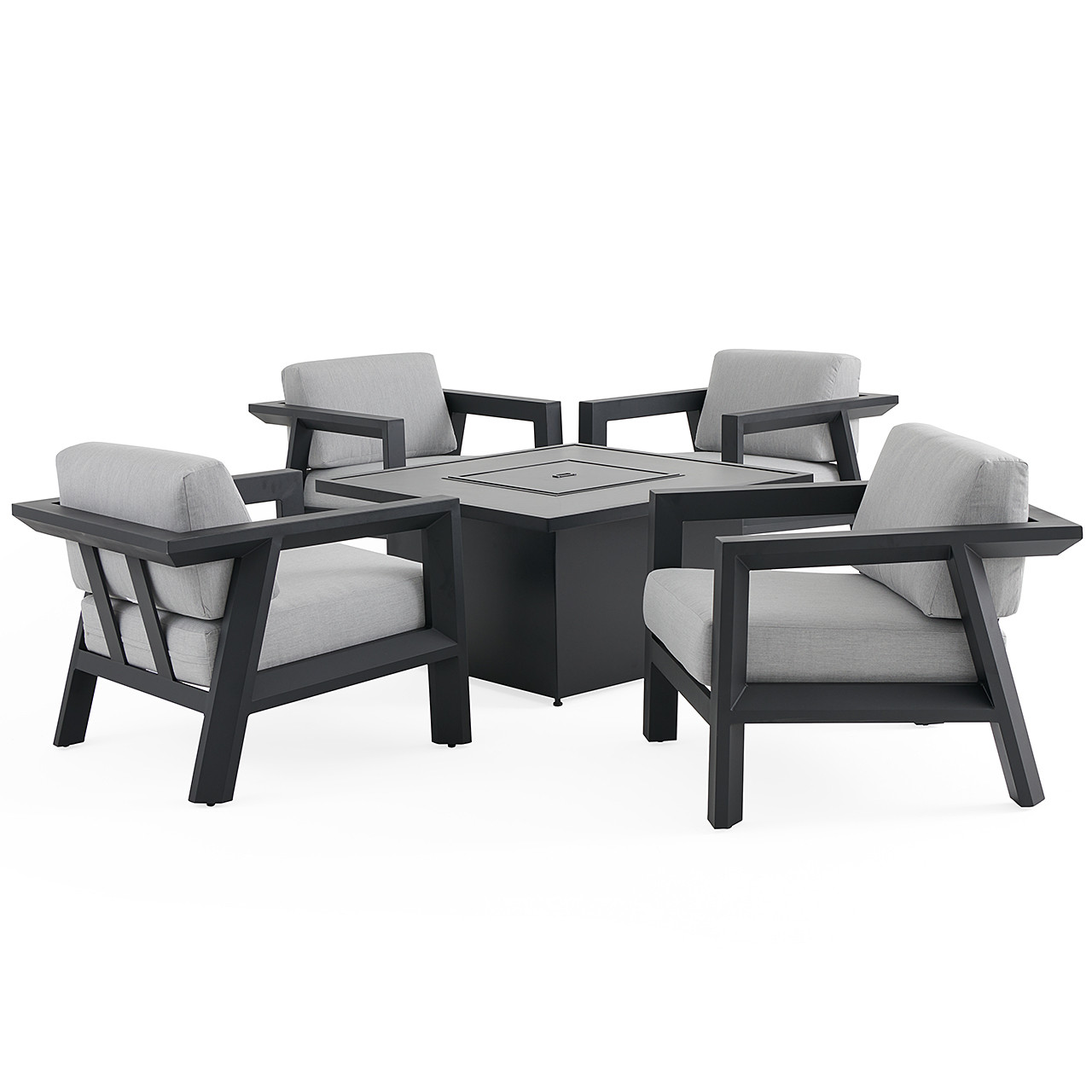 St. Lucia Midnight Aluminum with Canvas Granite Cushions 5 Piece Chat Set + 42 in. Sq. Fire Pit Table