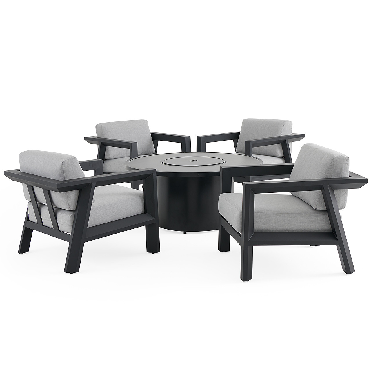 St. Lucia Midnight Aluminum with Canvas Granite Cushions 5 Piece Chat Set + 48 in. D Fire Pit Table