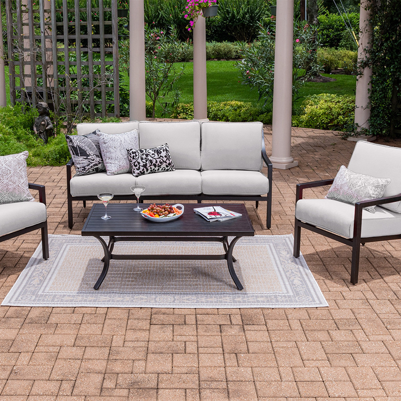 Hill Country Aged Bronze Aluminum with Cast Pumice Cushions 4 Piece Sofa Group + 48 x 28 in. Coffee Table