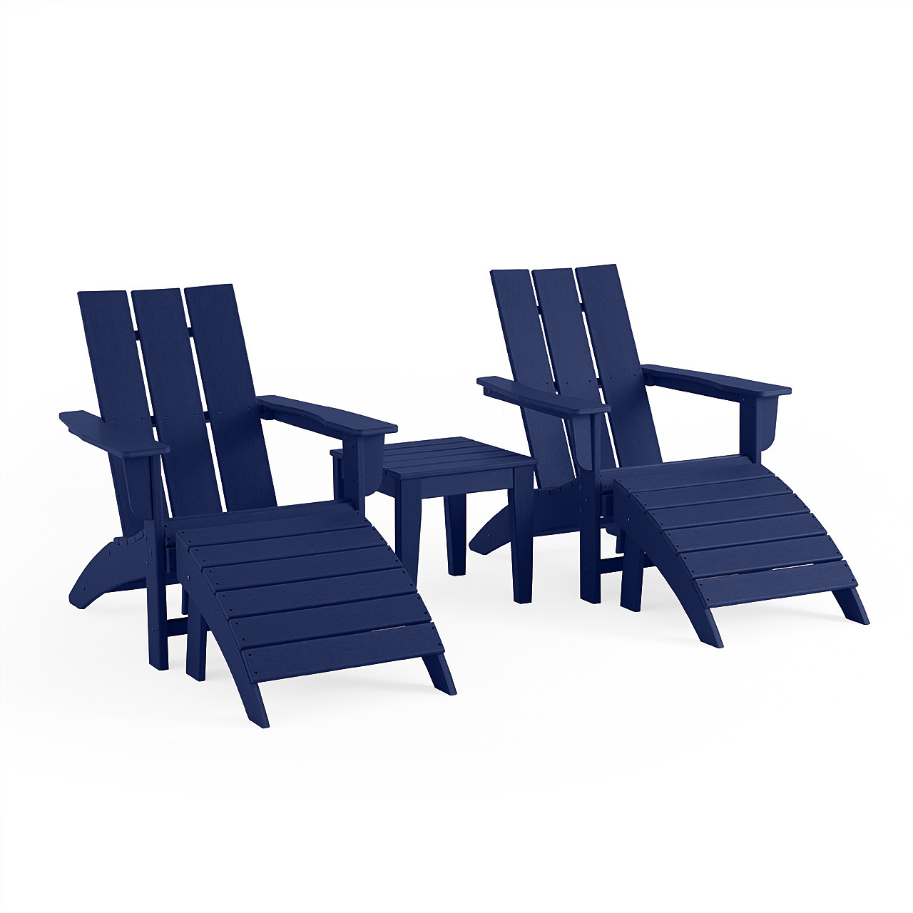 Modern 5 Piece Set Navy XL Adirondack Chairs + Ottomans + 18 Sq. Side Table