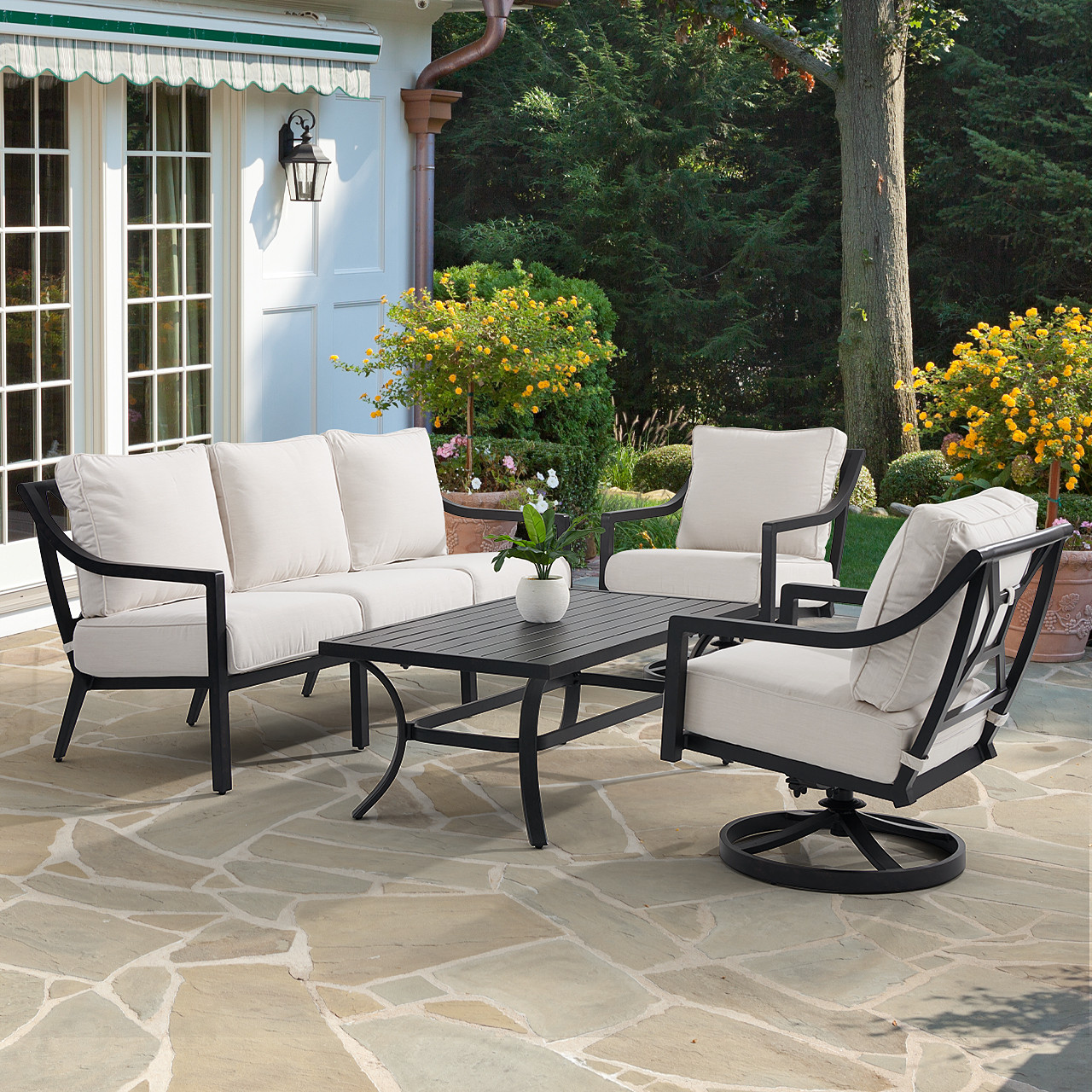 Hill Country Aged Bronze Aluminum with Cast Pumice Cushions 4 Piece Swivel Sofa Group + 48 x 28 in. Coffee Table