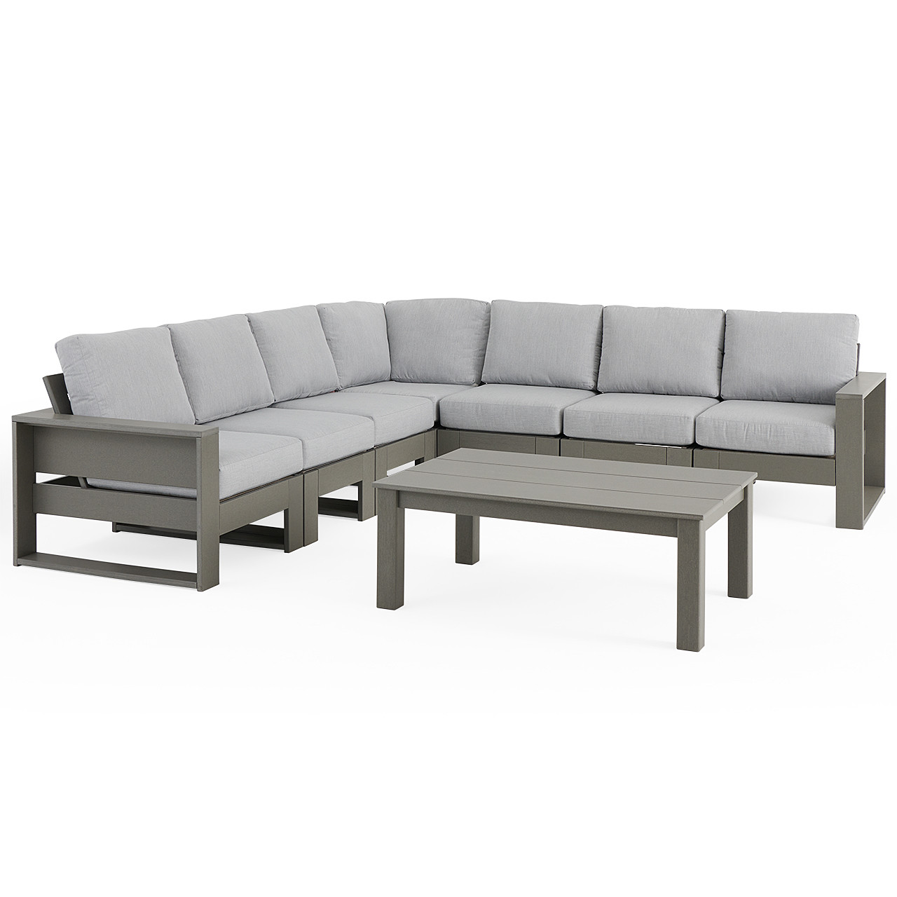 Montauk Polymer with Cushions 8 Piece Modular Sectional + 45 x 31 in. Coffee Table