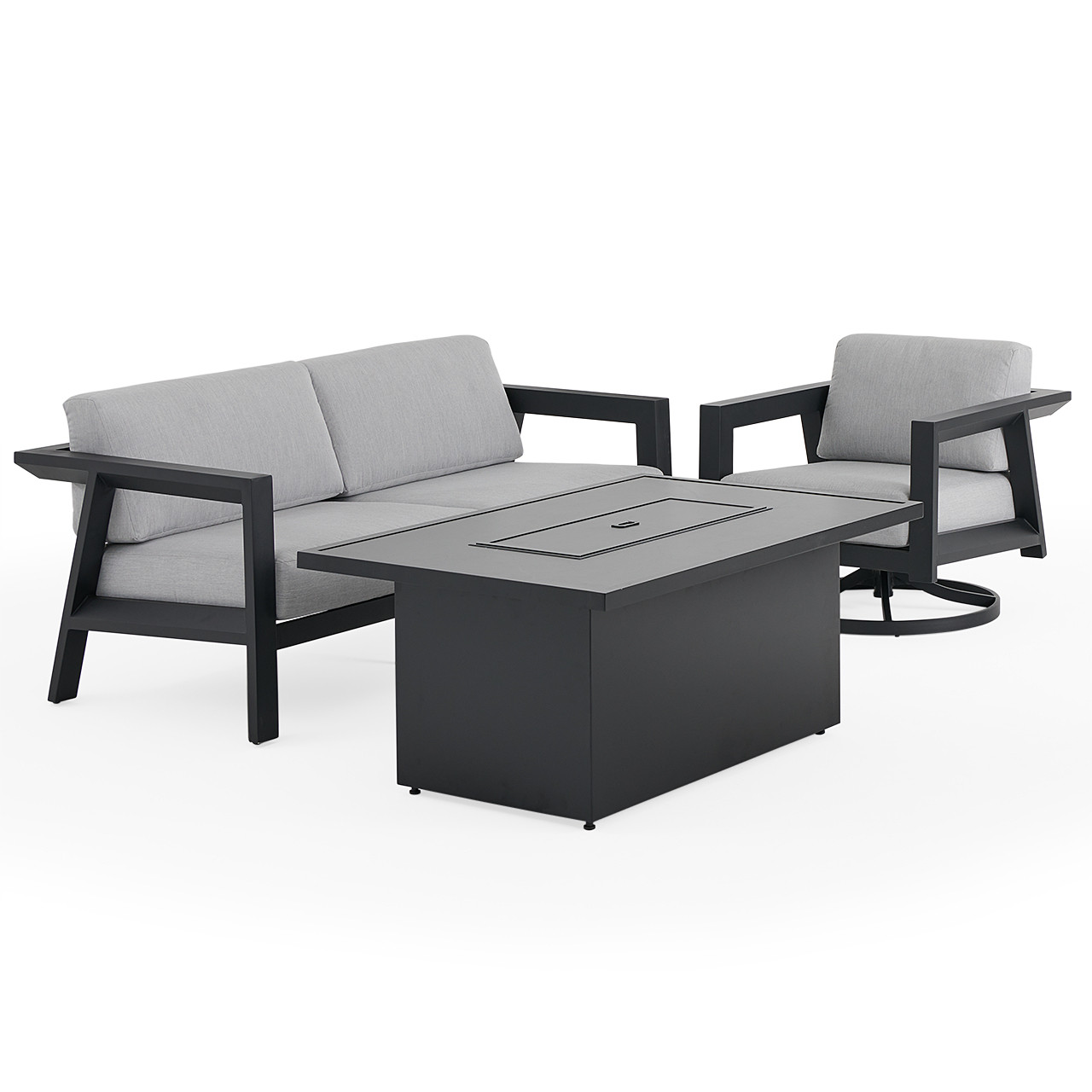 St. Lucia Midnight Aluminum with Canvas Granite Cushions 3 Piece Swivel Sofa Group + 52 x 32 in. Fire Pit Table