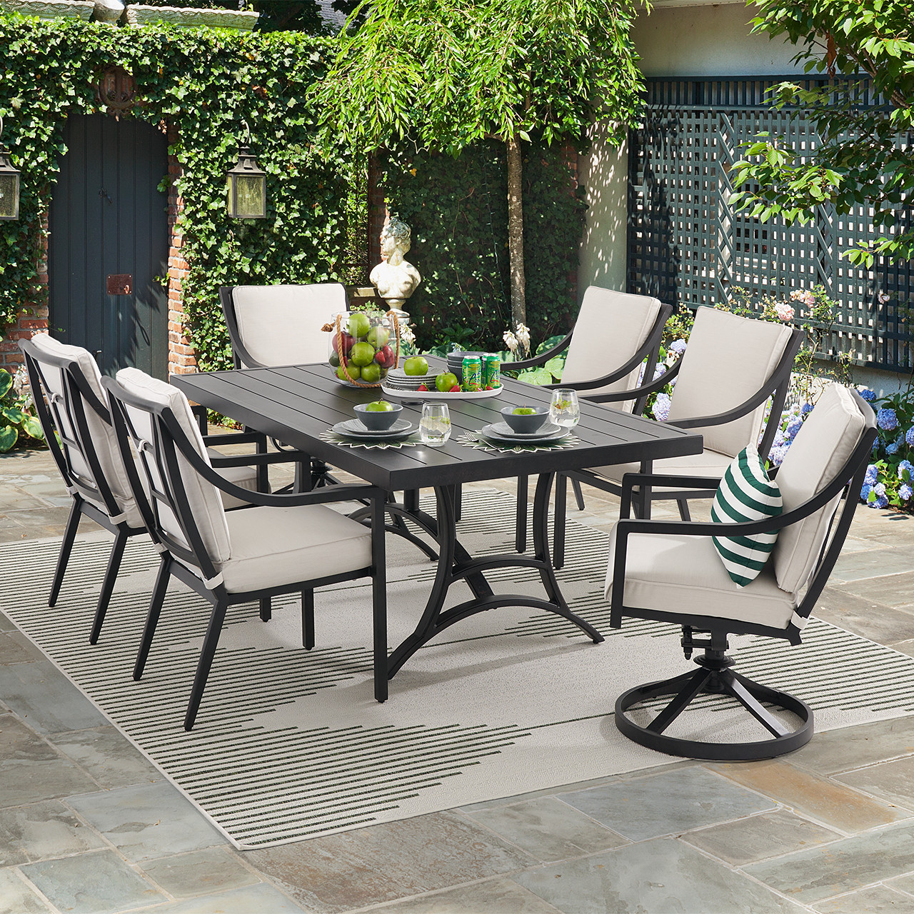 Hill Country Aged Bronze Aluminum and Cast Pumice Cushions 7 Piece Combo Dining Set + 72 x 42 in. Table -