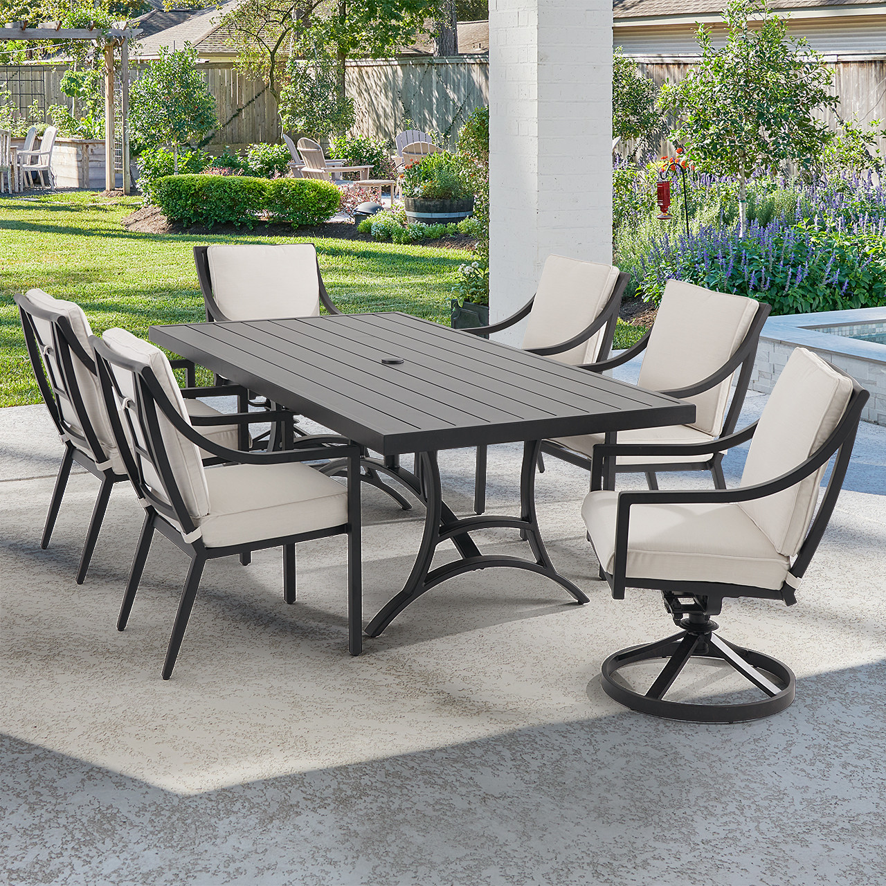 Hill Country Aged Bronze Aluminum with Cast Pumice Cushions 7 Piece Combo Dining Set + 84 x 42 in. Table -