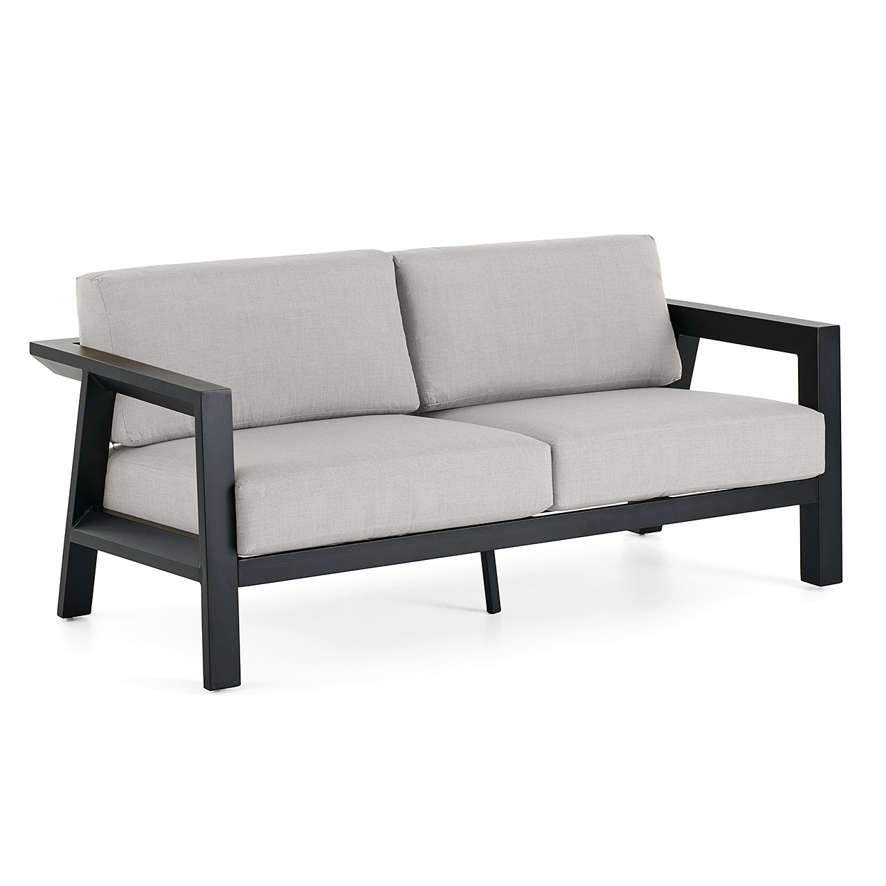 St. Lucia Midnight Aluminum with Canvas Granite Cushions 3 Piece Swivel Sofa Group + 42 in. Sq. Fire Pit Table