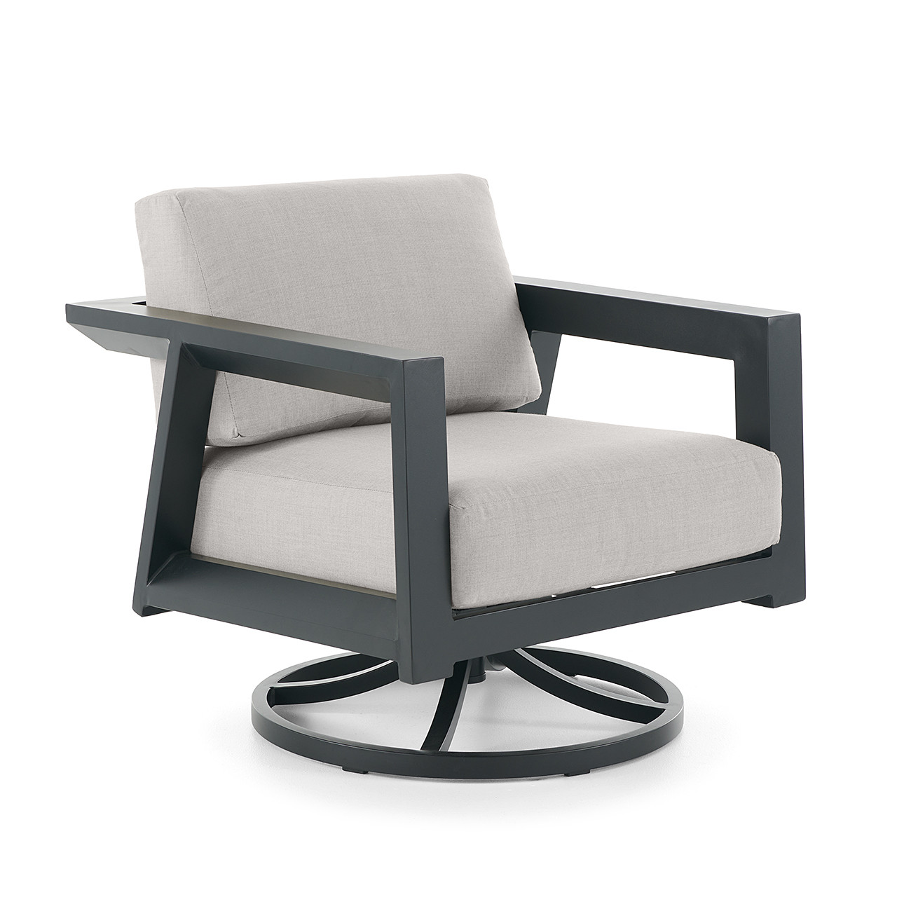 St. Lucia Midnight Aluminum with Canvas Granite Cushions 3 Piece Swivel Sofa Group + 42 in. Sq. Fire Pit Table