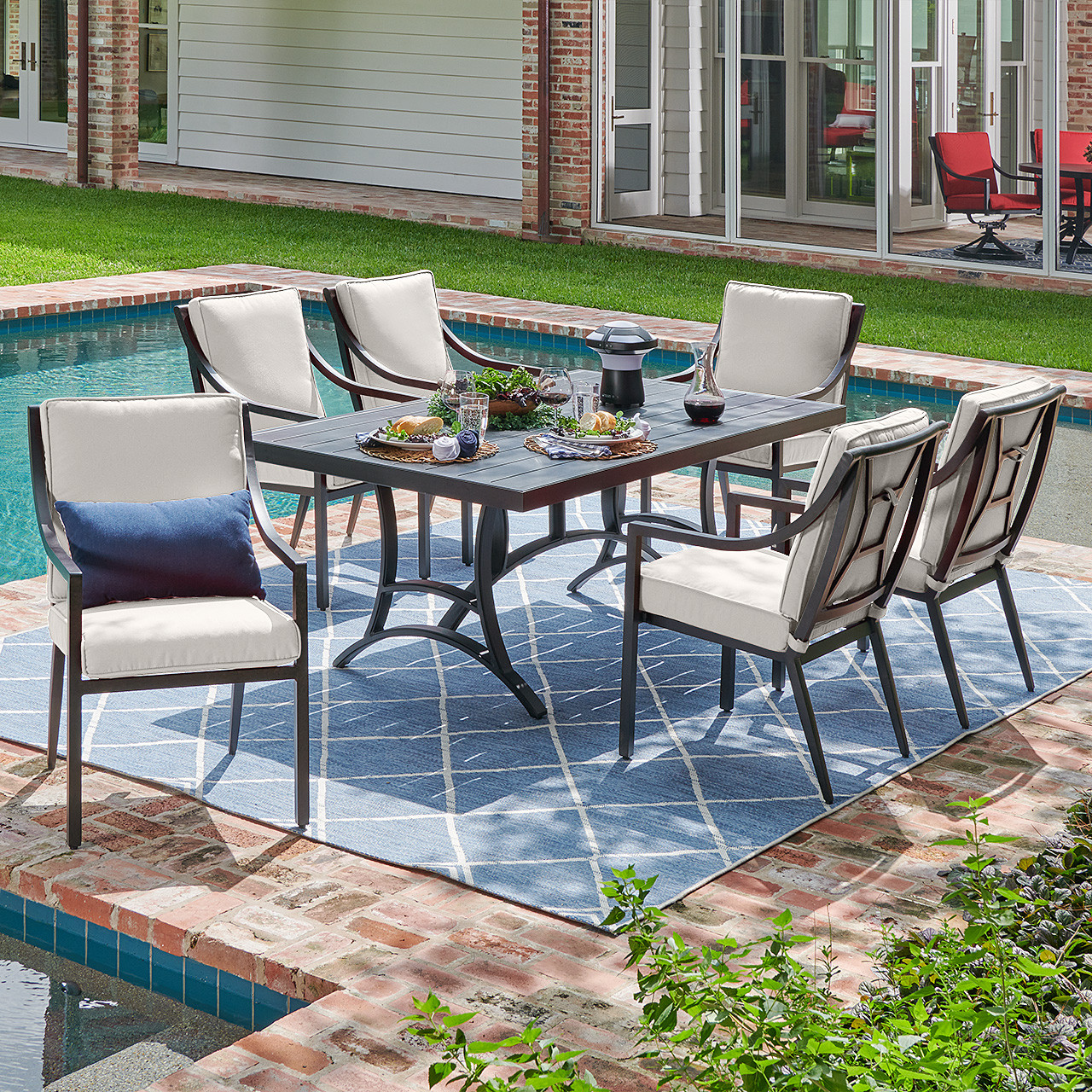 Hill Country Aged Bronze Aluminum with Cast Pumice Cushions 7 Piece Dining Set + 72 x 42 in. Table -