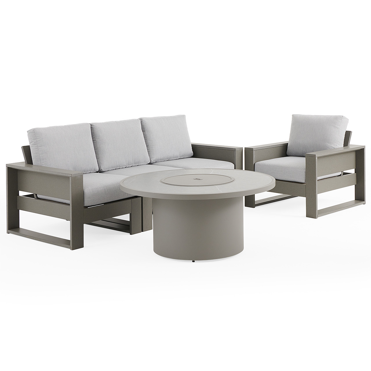 Montauk Slate Grey Polymer with Cushions 5 Piece Modular Sofa Group + 48 in. D Fire Pit Table