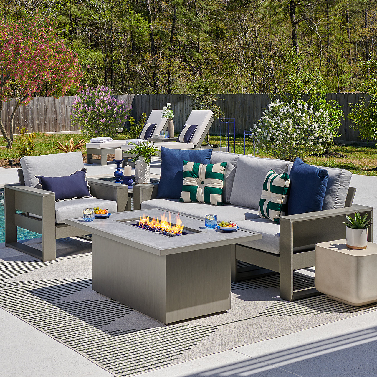 Montauk Slate Grey Polymer with Cushions 5 Piece Modular Sofa Group + 52 x 32 in. Fire Pit Table