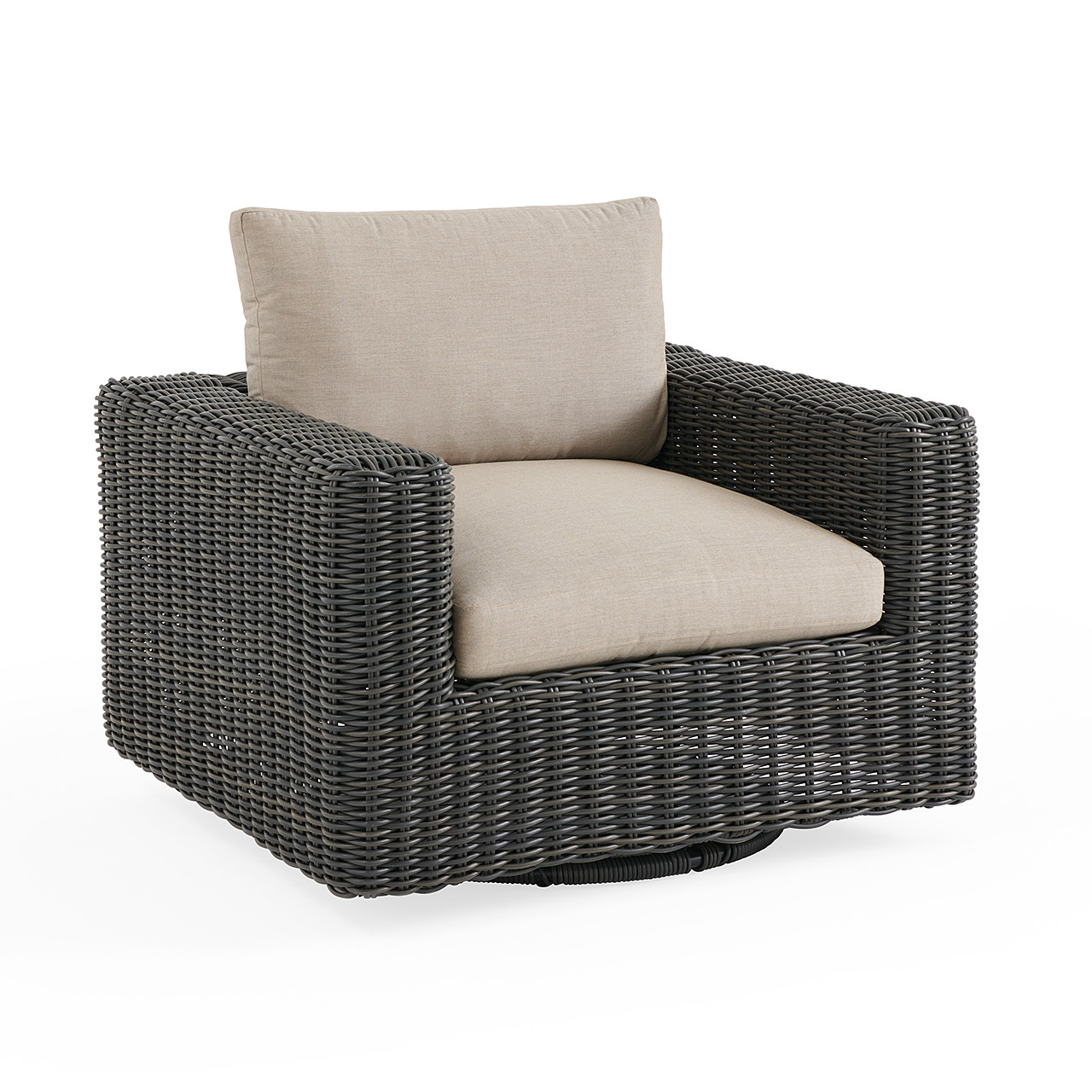 Laguna Smoke Outdoor Wicker with Cushions 4 Piece Swivel Sofa Group + 52 x 32 in. D Fire Pit Table