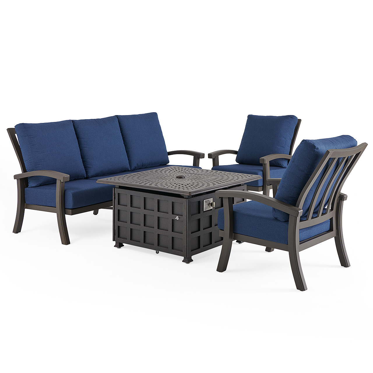 Fairmont Aged Bronze Aluminum with Spectrum Indigo Cushions 4 Piece Sofa Group + 42 in. Sq. Carlisle Fire Pit
