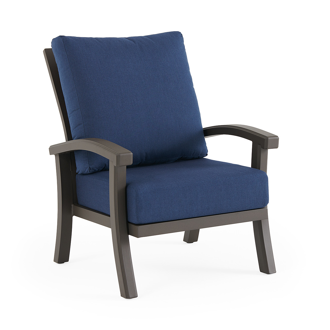 Fairmont Aged Bronze Aluminum with Spectrum Indigo Cushions 4 Piece Sofa Group + 52 x 32 in. Carlisle Fire Pit