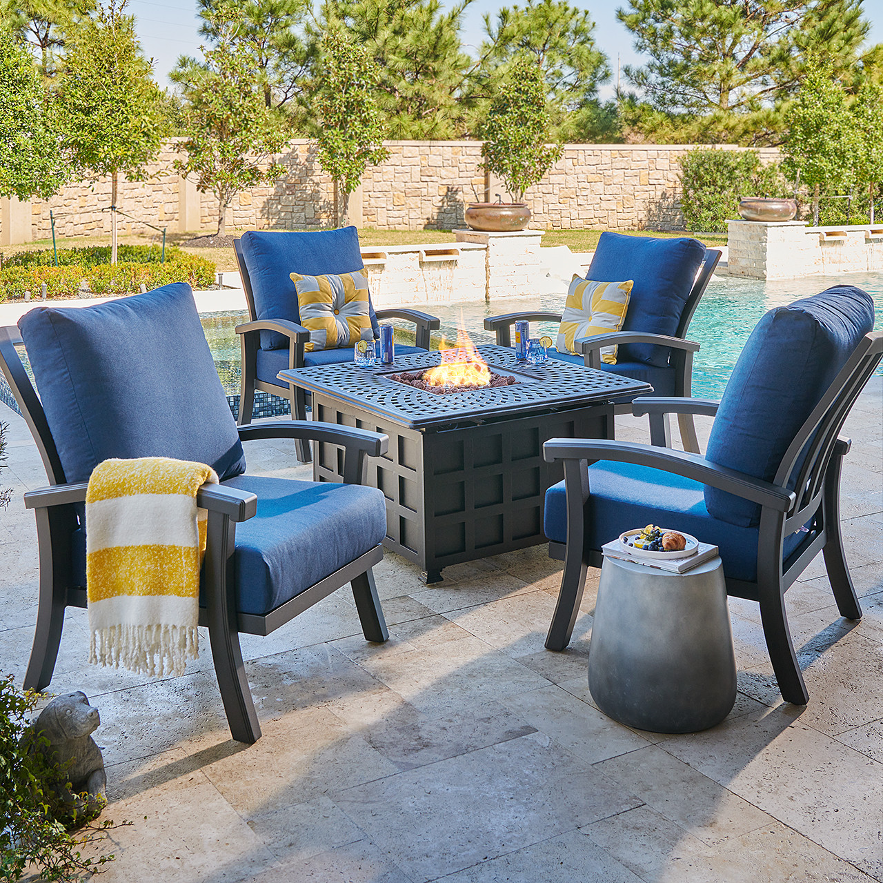 Fairmont Aged Bronze Aluminum with Spectrum Indigo Cushions 5 Piece Chat Set + 42 in. Sq. Fire Pit