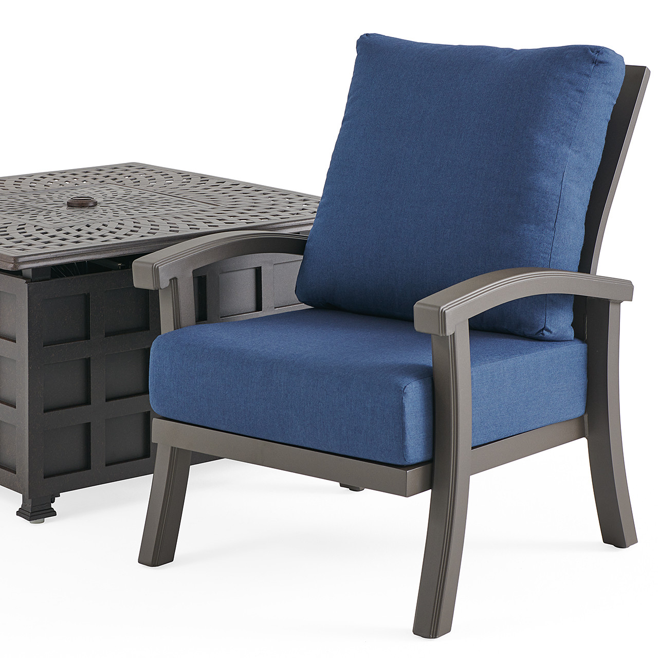 Fairmont Aged Bronze Aluminum with Spectrum Indigo Cushions 5 Piece Chat Set + 42 in. Sq. Fire Pit