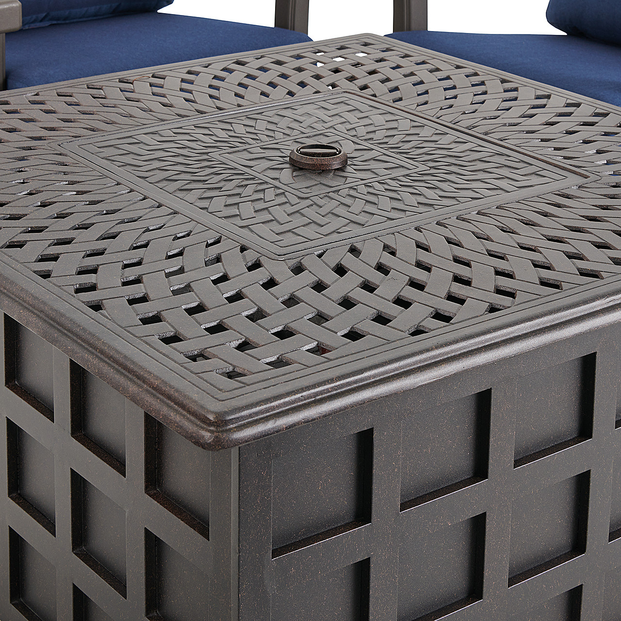 Fairmont Aged Bronze Aluminum with Spectrum Indigo Cushions 5 Piece Chat Set + 42 in. Sq. Fire Pit