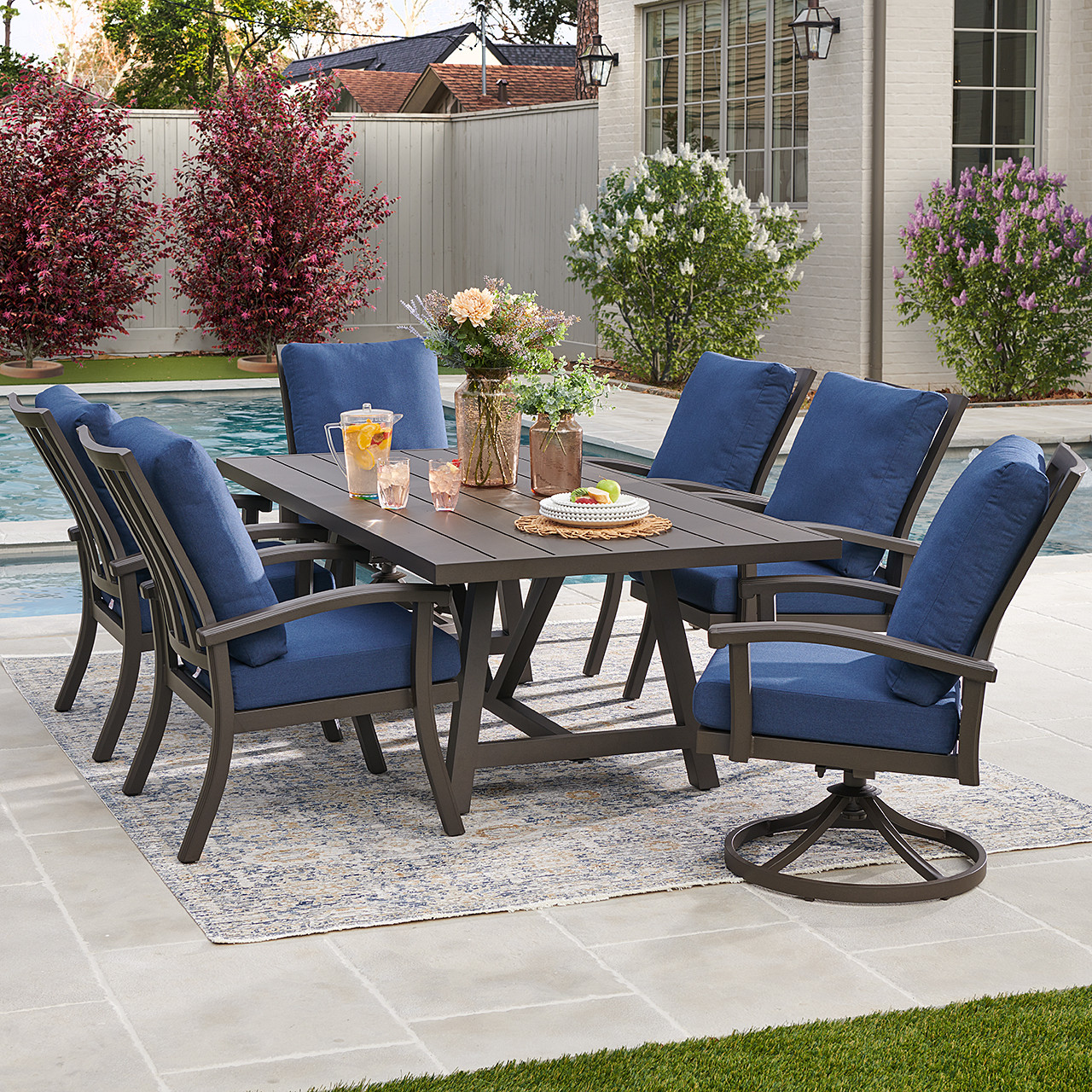 Fairmont Aged Bronze Aluminum with Spectrum Indigo Cushions 7 Piece Combo Dining Set + 84 x 42 in. Table