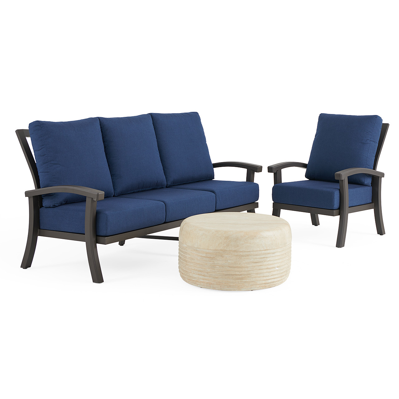 Fairmont Aged Bronze Aluminum with Spectrum Indigo Cushions 3 Piece Sofa Group + 31 in. D Coffee Table