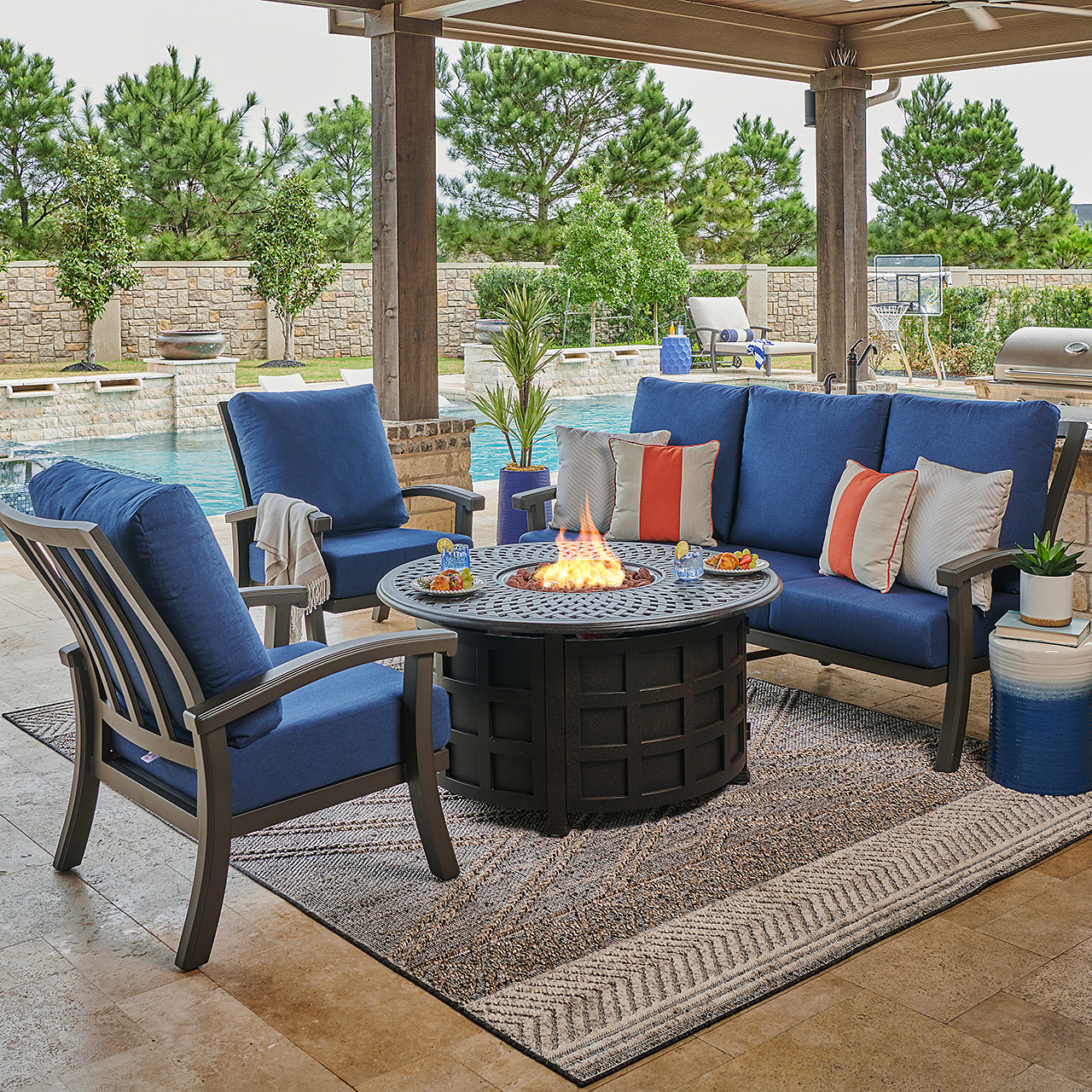 Fairmont Aged Bronze Aluminum with Spectrum Indigo Cushions 4 Piece Sofa Group + 48 in. D Carlisle Fire Pit