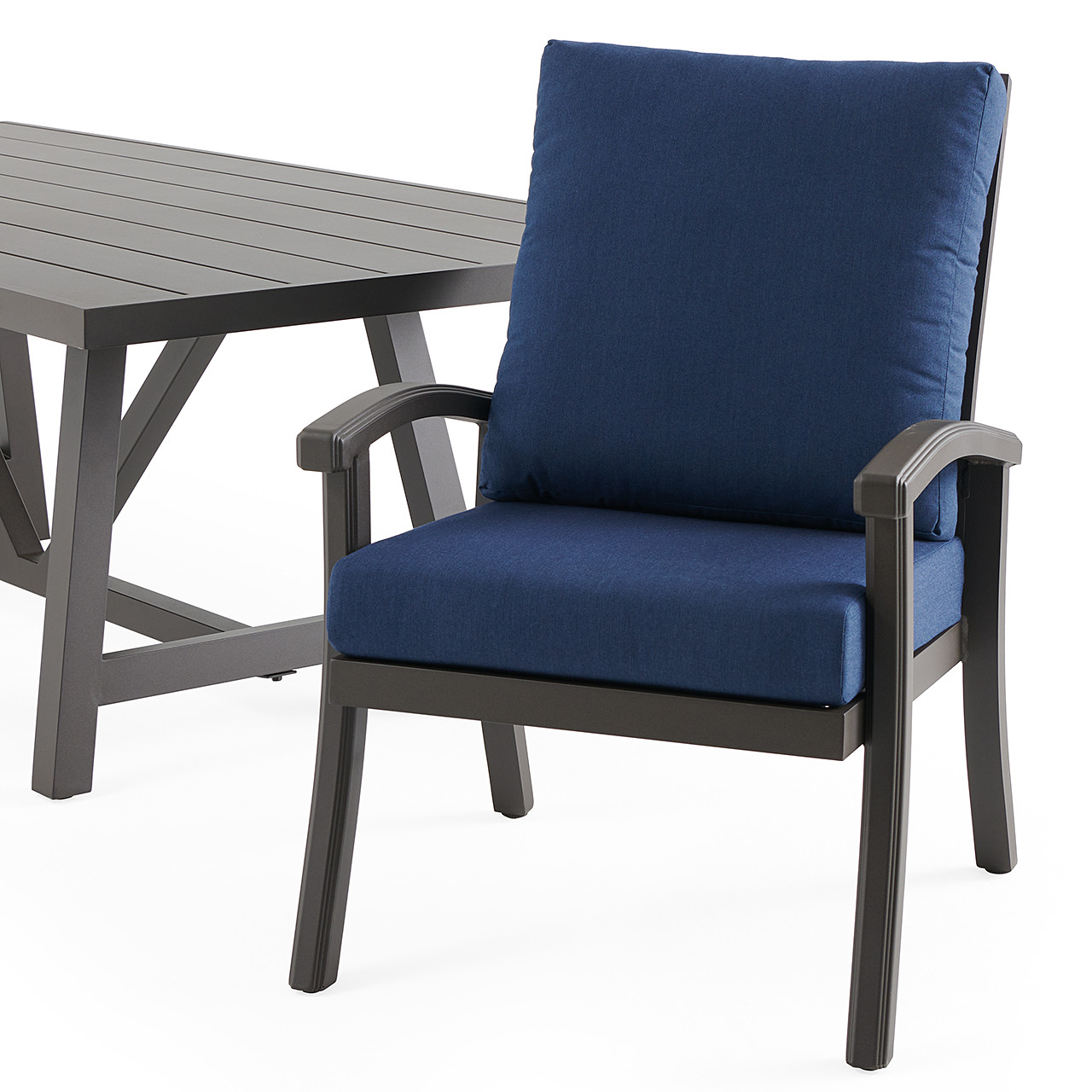 Fairmont Aged Bronze Aluminum with Spectrum Indigo Cushions 7 Piece Dining Set + 84 x 42 in. Table