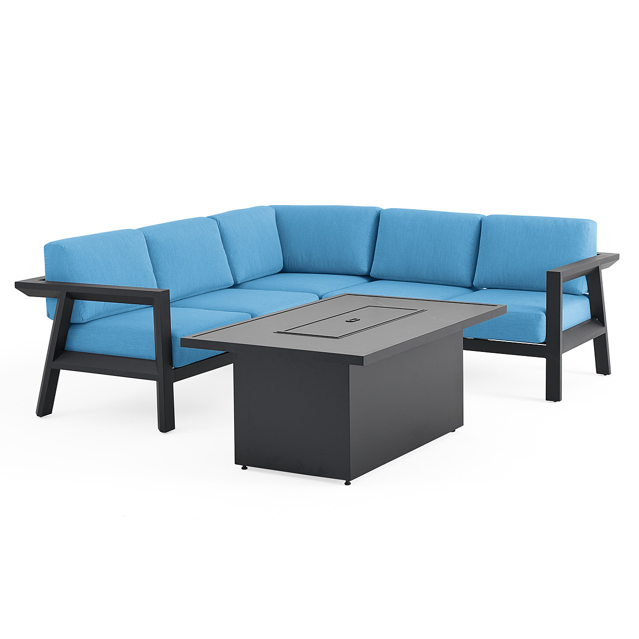 St. Lucia Midnight Aluminum with Canvas Sky Blue Cushions 4 Piece Sectional Group + 52 x 32 in. Fire Pit Table