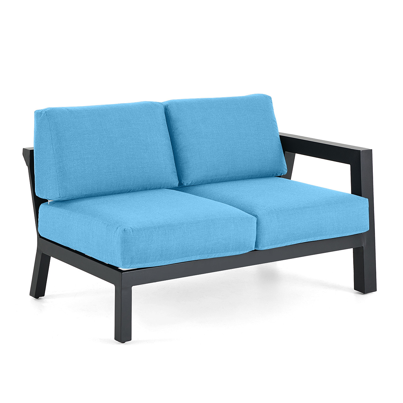St. Lucia Midnight Aluminum with Canvas Sky Blue Cushions 4 Piece Sectional Group + 52 x 32 in. Fire Pit Table