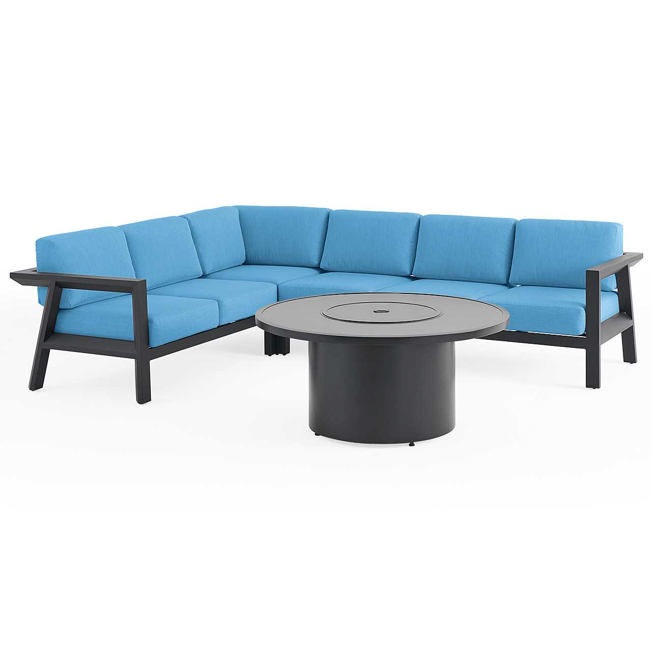 St. Lucia Midnight Aluminum with Canvas Sky Blue Cushions 5 Piece Sectional Group + 48 in. D Fire Pit Table