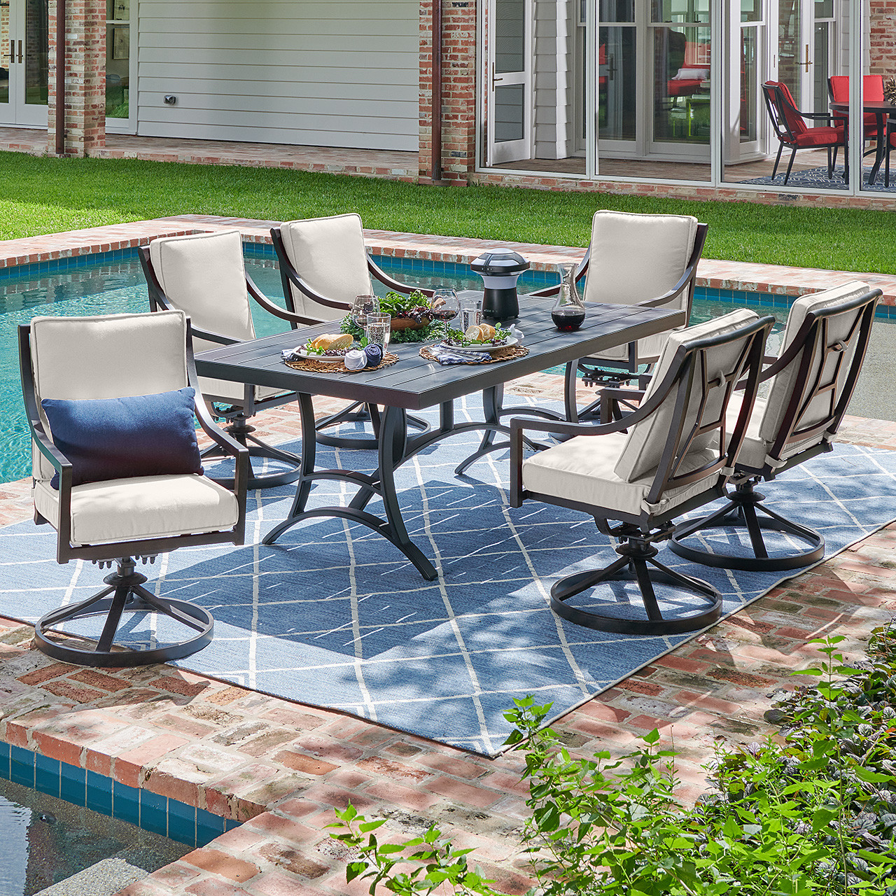 Hill Country Aged Bronze Aluminum with Cast Pumice Cushions 7 Piece Swivel Dining Set + 72 x 42 in. Table