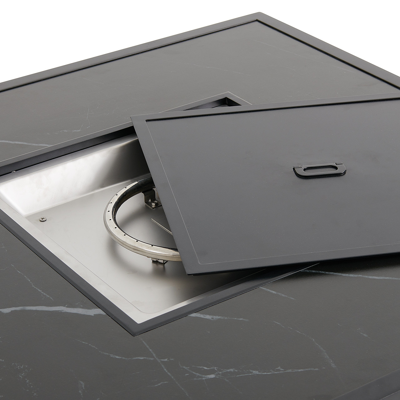 Chelsea Textured Black Aluminum and Weathered Teak Outdoor Wicker with Concealed Cushions 5 Piece Chat Set + 42 in. Sq. Fire Pit