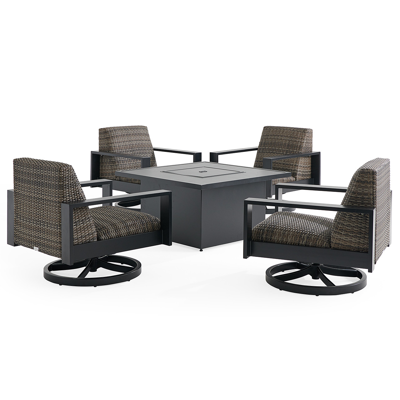 Chelsea Textured Black Aluminum and Weathered Teak Outdoor Wicker with Concealed Cushions 5 Piece Swivel Chat Set + 42 in. Sq. Fire Pit